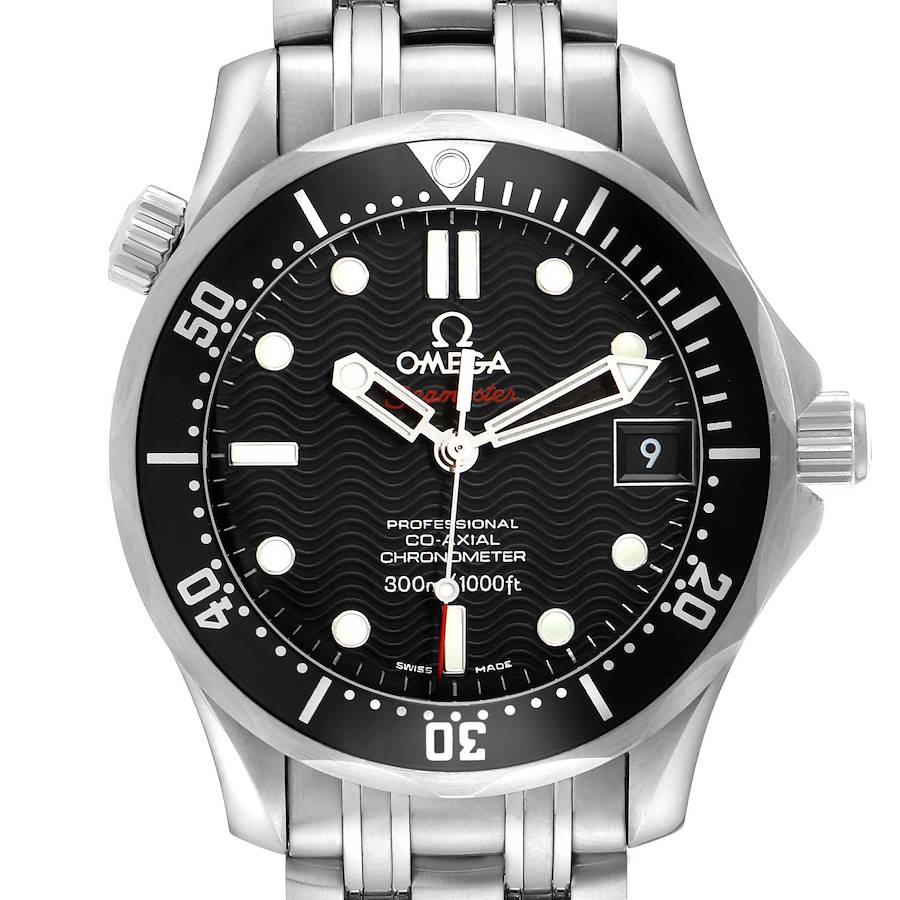 The image shows the Omega Speedmaster from the front, highlighting the dial, bezel, and stainless steel bracelet.