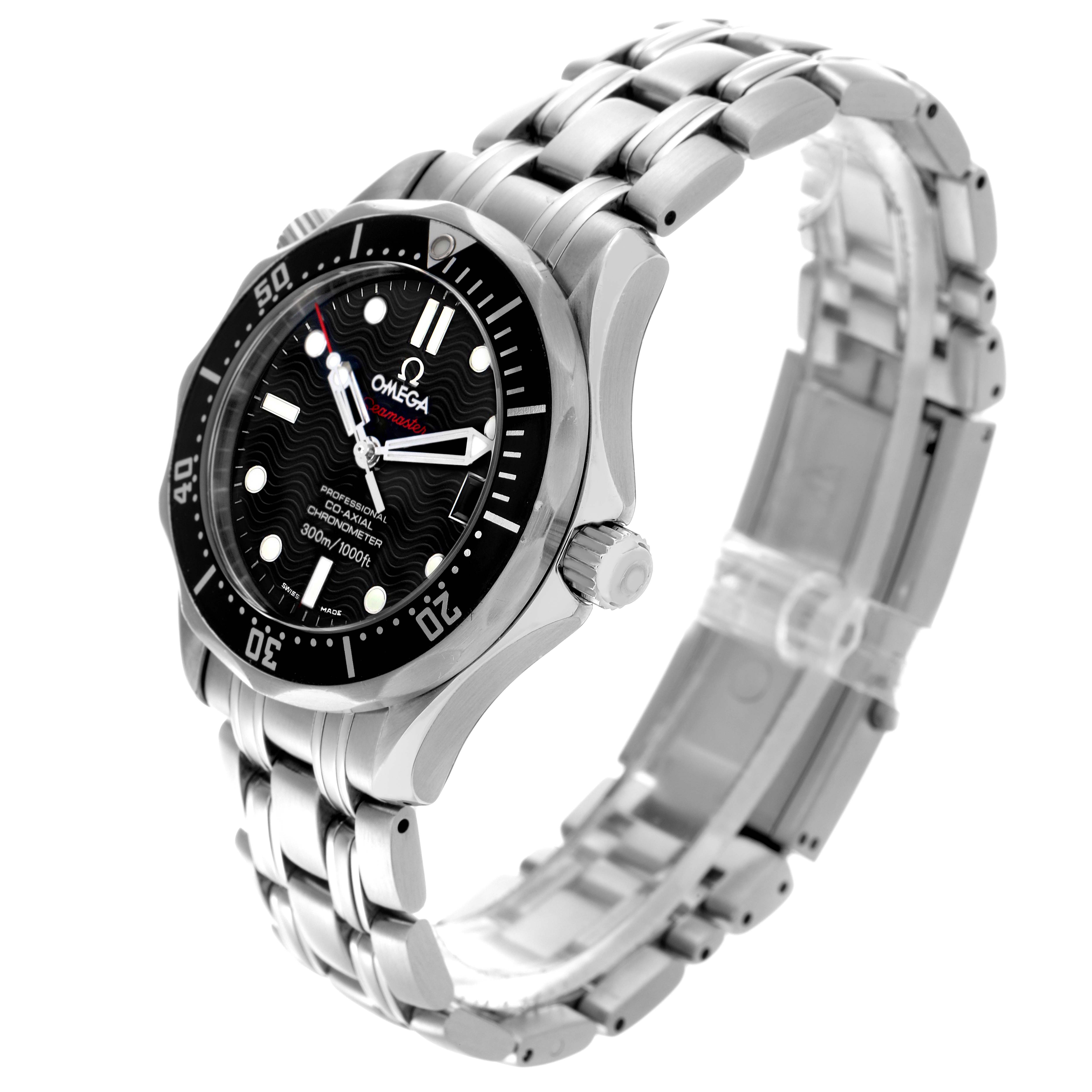 The Omega Speedmaster 212.30.36.20.01.001 Men's Stainless Steel Black Dial 212.30.36.20.01.001 Men's Stainless Steel Black Dial model is shown at an angled view, displaying the dial, bezel, crown, and stainless steel bracelet.