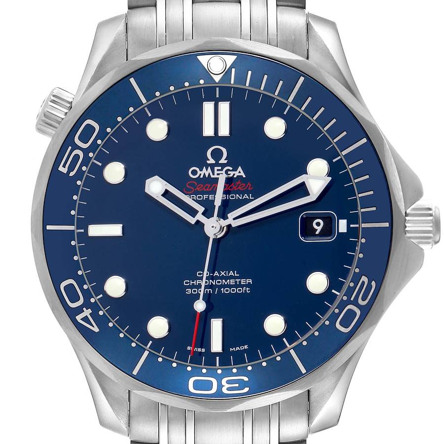 The Omega Seamaster watch is shown from the front, displaying its blue dial, bezel, and stainless steel strap.