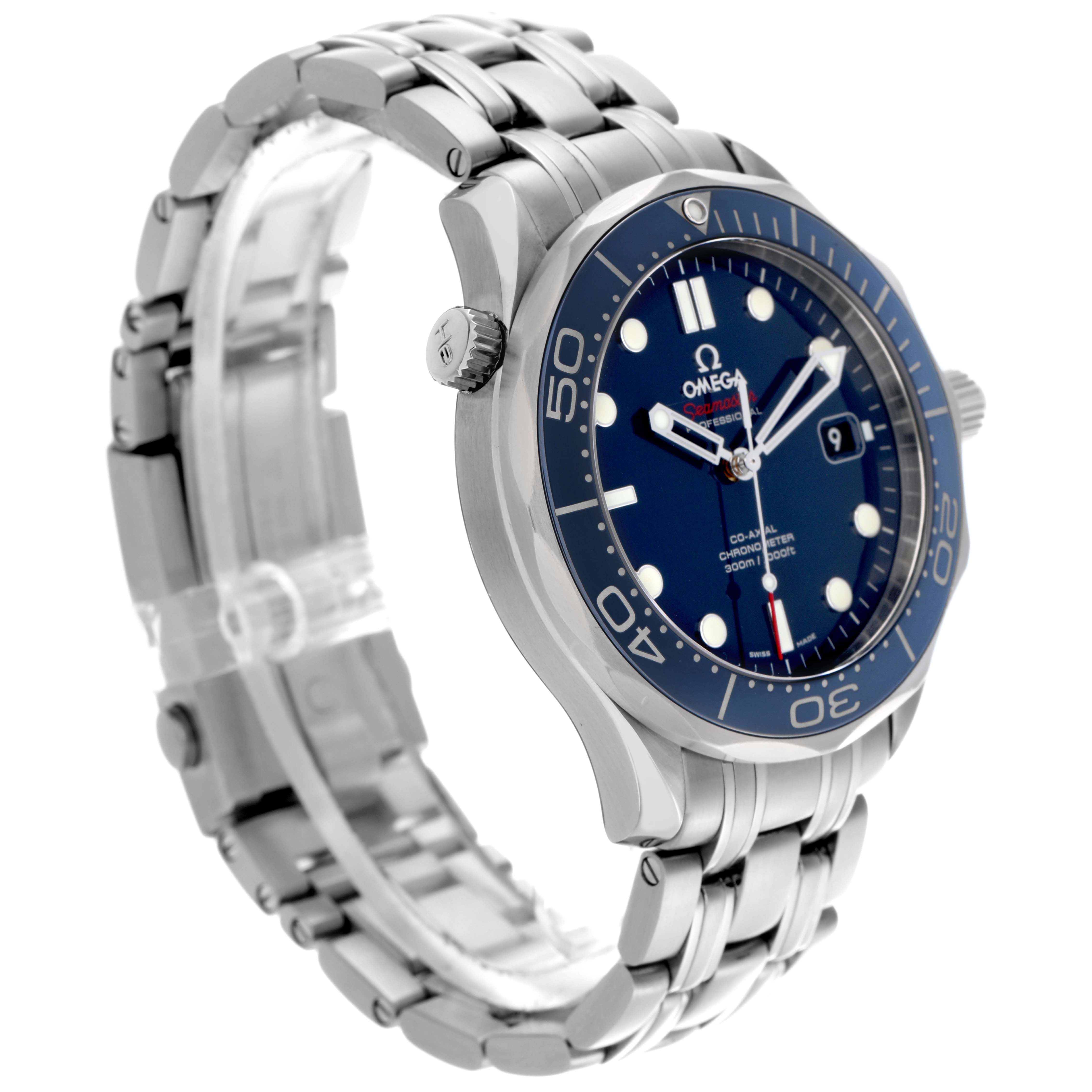 The Omega Seamaster 212.30.41.20.03.001 Men's Stainless Steel Blue Dial 212.30.41.20.03.001 Men's Stainless Steel Blue Dial watch is shown at an oblique angle, highlighting its bezel, dial, crown, and stainless steel bracelet.