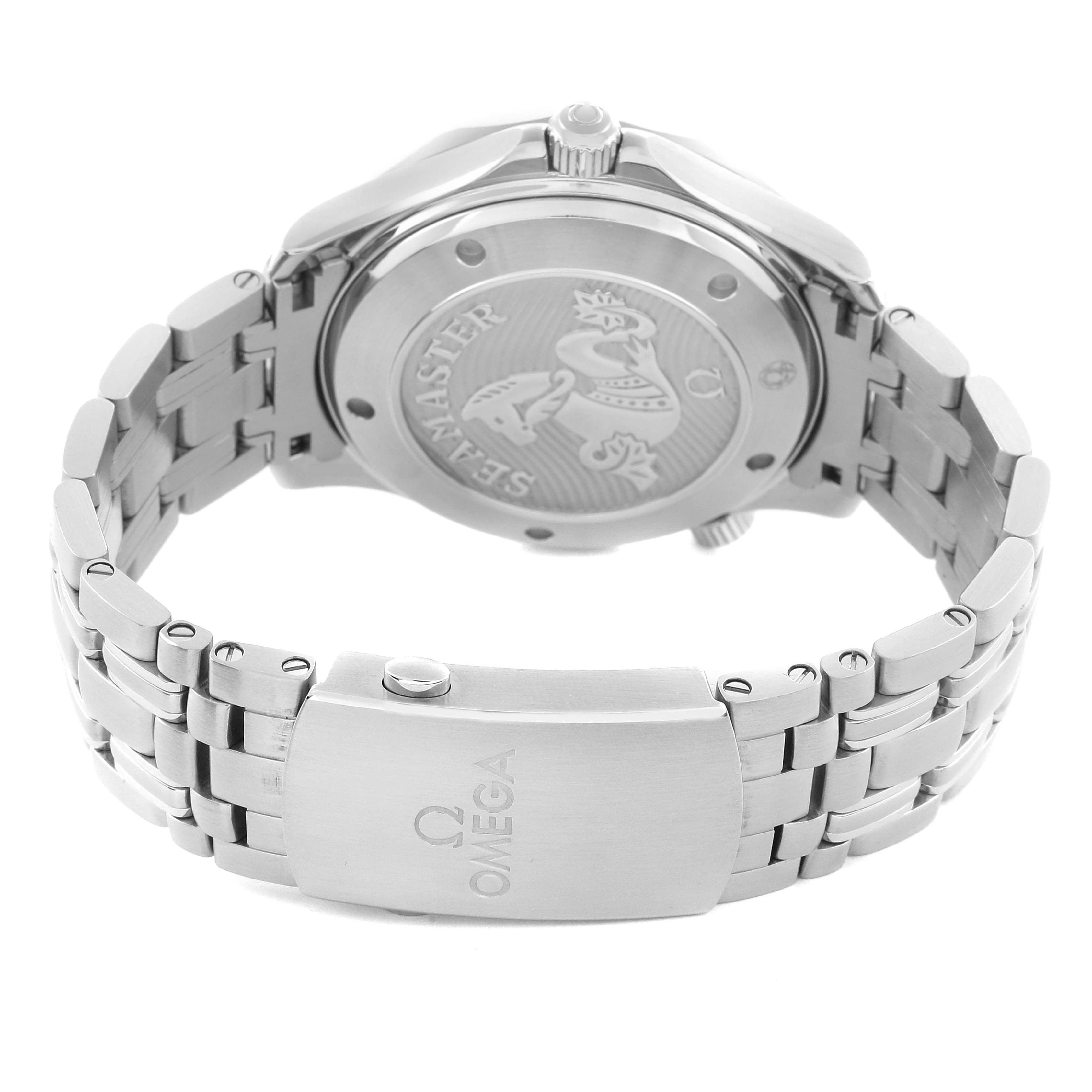 This image shows the reverse side of an Omega Seamaster 212.30.41.20.03.001 Men's Stainless Steel Blue Dial 212.30.41.20.03.001 Men's Stainless Steel Blue Dial, highlighting the case back and bracelet clasp.