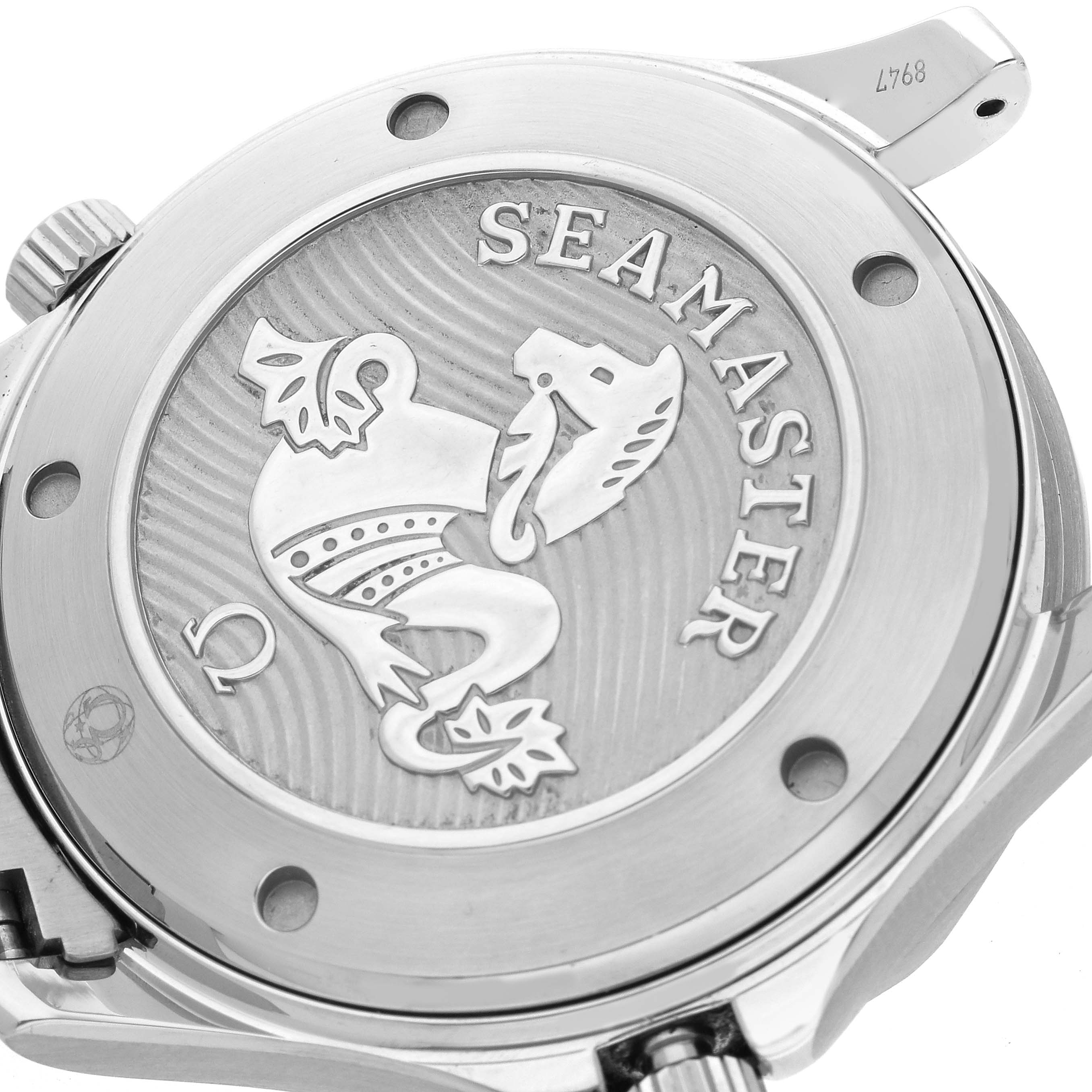 The image shows the case back of an Omega Seamaster 212.30.41.20.03.001 Men's Stainless Steel Blue Dial 212.30.41.20.03.001 Men's Stainless Steel Blue Dial watch, featuring an engraved emblem and model name.