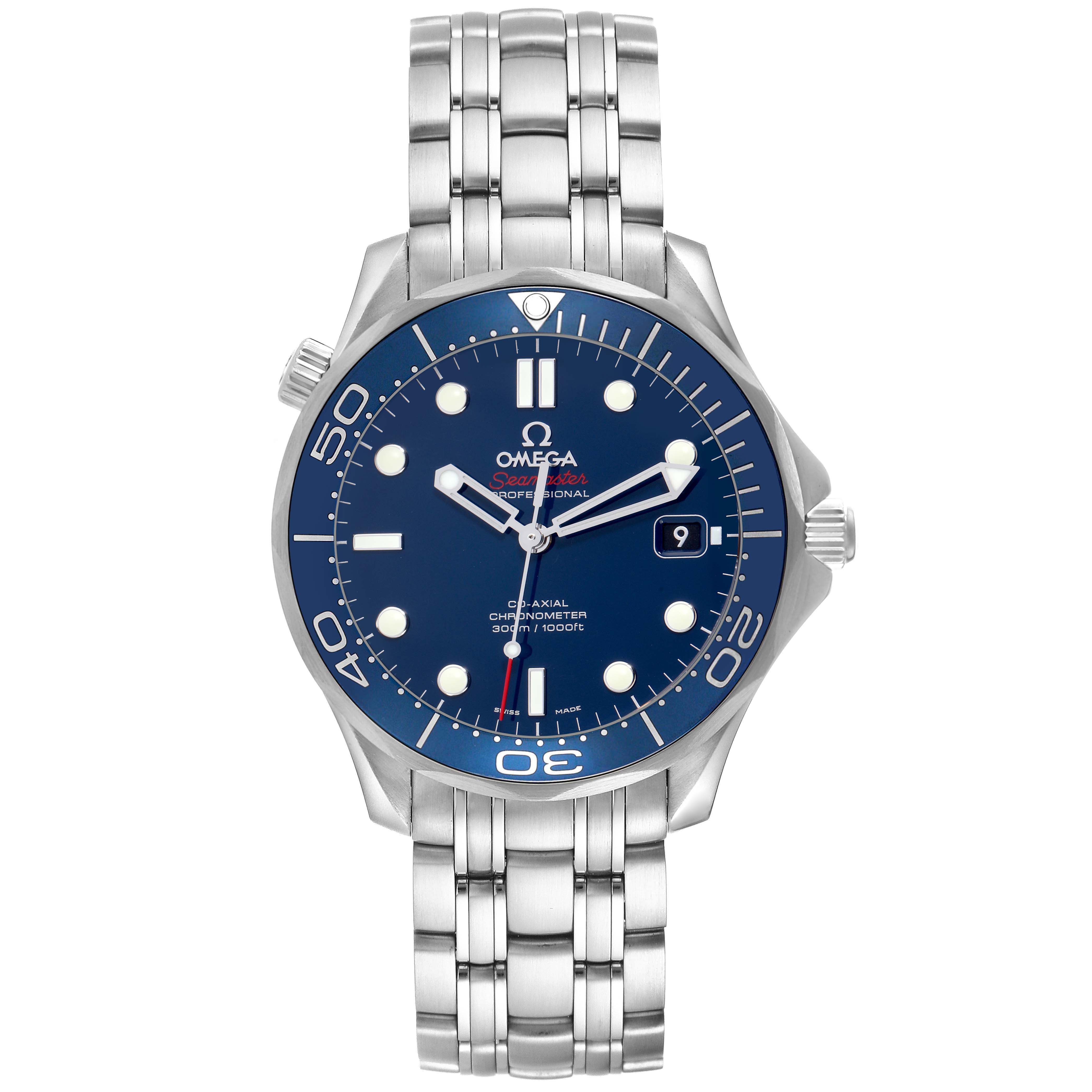 The Omega Seamaster 212.30.41.20.03.001 Men's Stainless Steel Blue Dial 212.30.41.20.03.001 Men's Stainless Steel Blue Dial watch is shown from the front, displaying the face, bezel, and bracelet.