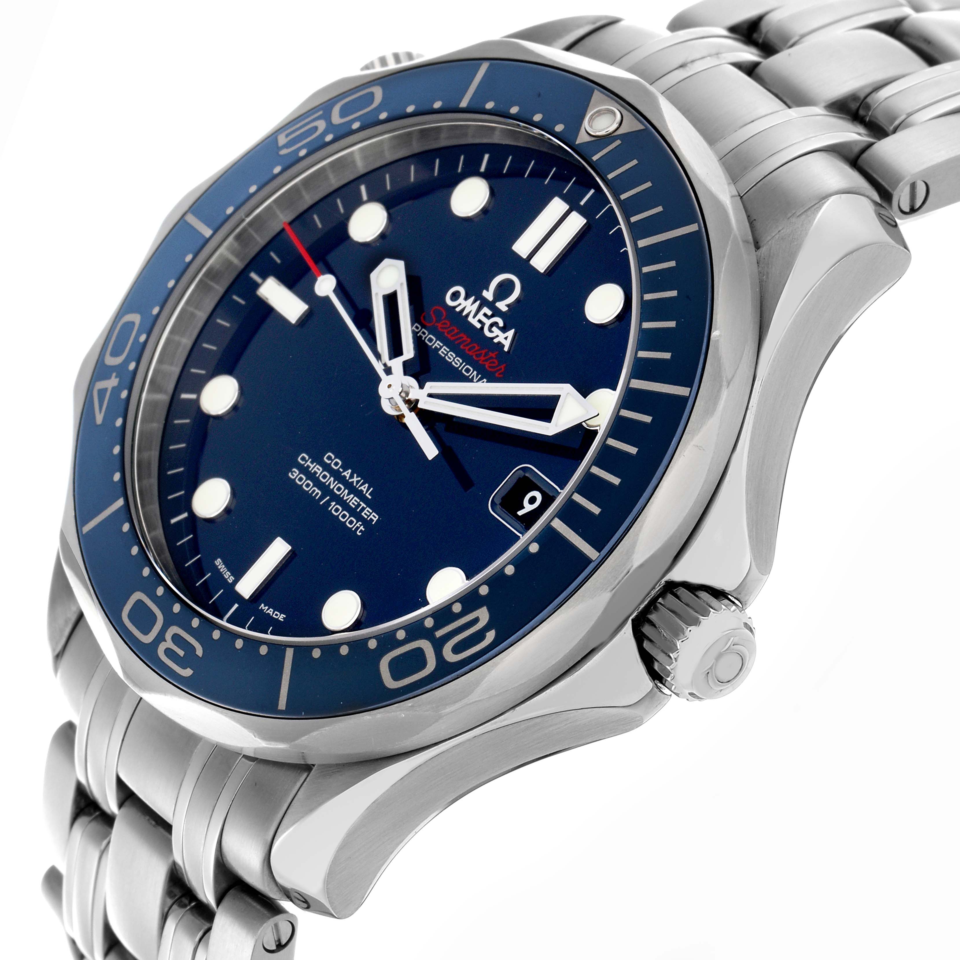 The image shows the Omega Seamaster 212.30.41.20.03.001 Men's Stainless Steel Blue Dial 212.30.41.20.03.001 Men's Stainless Steel Blue Dial watch at an angled side view, highlighting the dial, bezel, crown, and part of the bracelet.