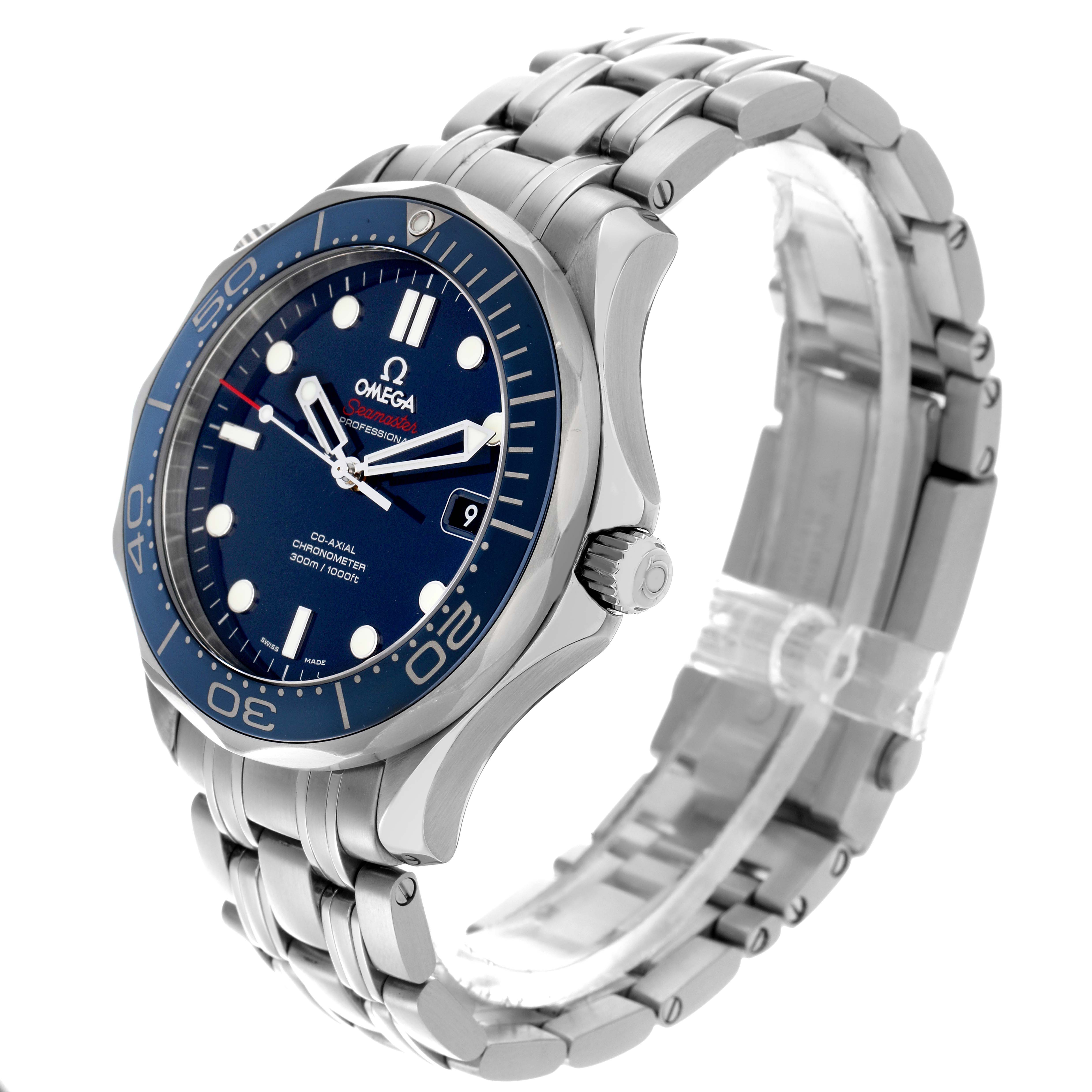 The Omega Seamaster 212.30.41.20.03.001 Men's Stainless Steel Blue Dial 212.30.41.20.03.001 Men's Stainless Steel Blue Dial watch is shown at a three-quarter angle, highlighting the face, bezel, bracelet, and crown.