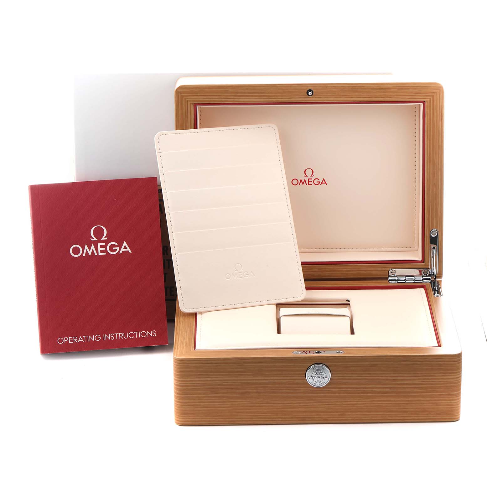 The image shows an open Omega Seamaster 212.30.41.20.03.001 Men's Stainless Steel Blue Dial 212.30.41.20.03.001 Men's Stainless Steel Blue Dial watch box with operating instructions and a card holder, viewed from the front.