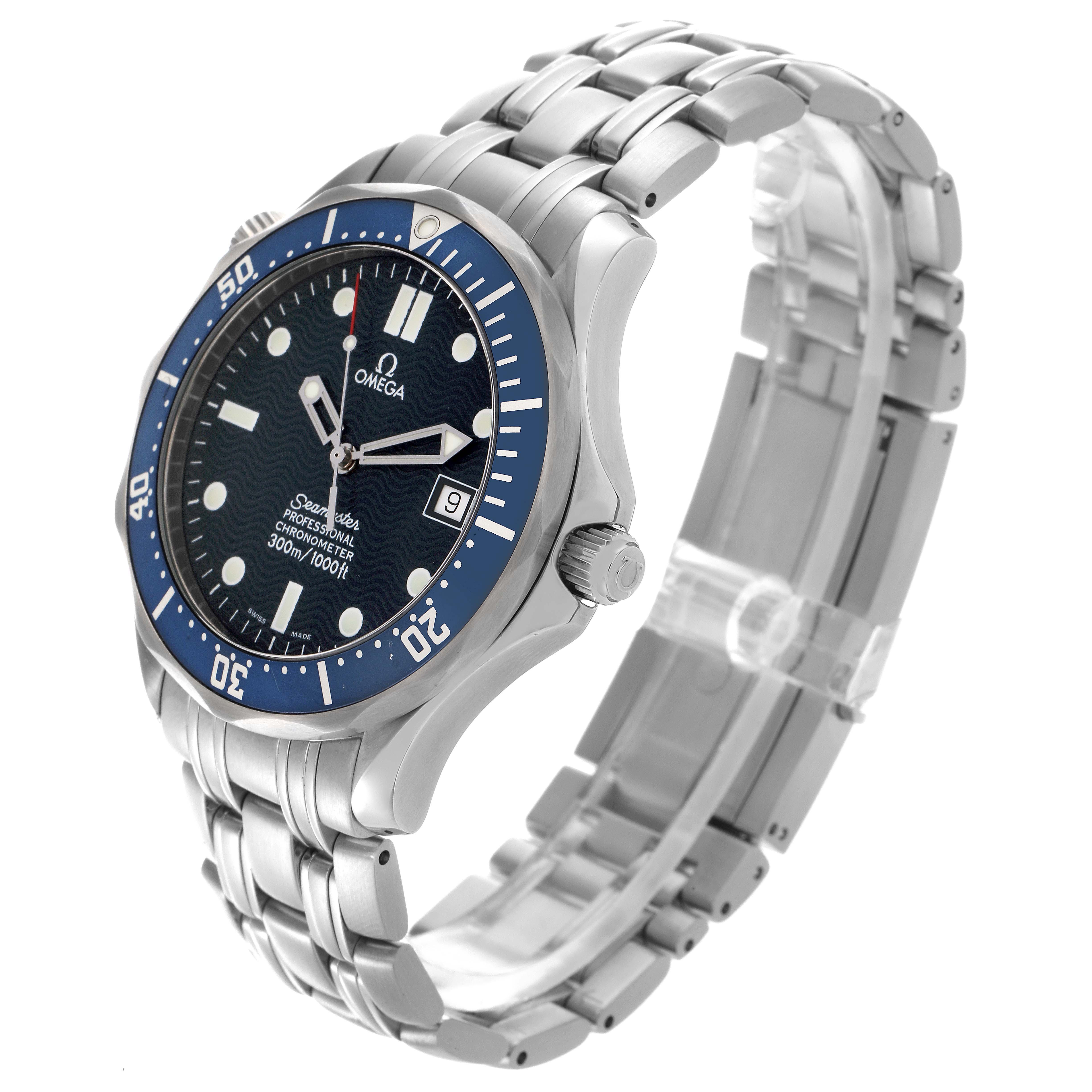 The Omega Seamaster 2531.80.00 Men's Stainless Steel Blue Dial 2531.80.00 Men's Stainless Steel Blue Dial watch is shown at an angle displaying the face, bezel, crown, and stainless steel bracelet.