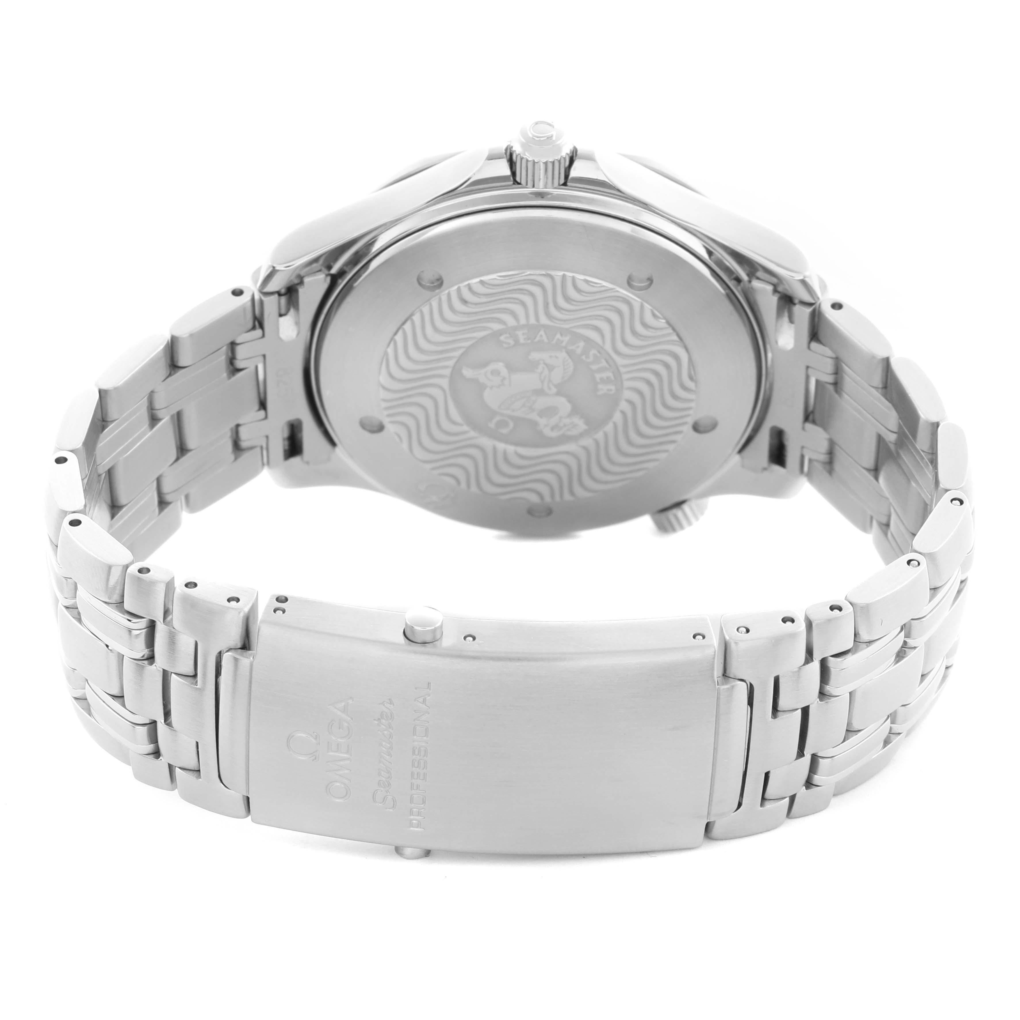 The image shows the back and clasp of an Omega Seamaster 2531.80.00 Men's Stainless Steel Blue Dial 2531.80.00 Men's Stainless Steel Blue Dial watch from a rear angle.