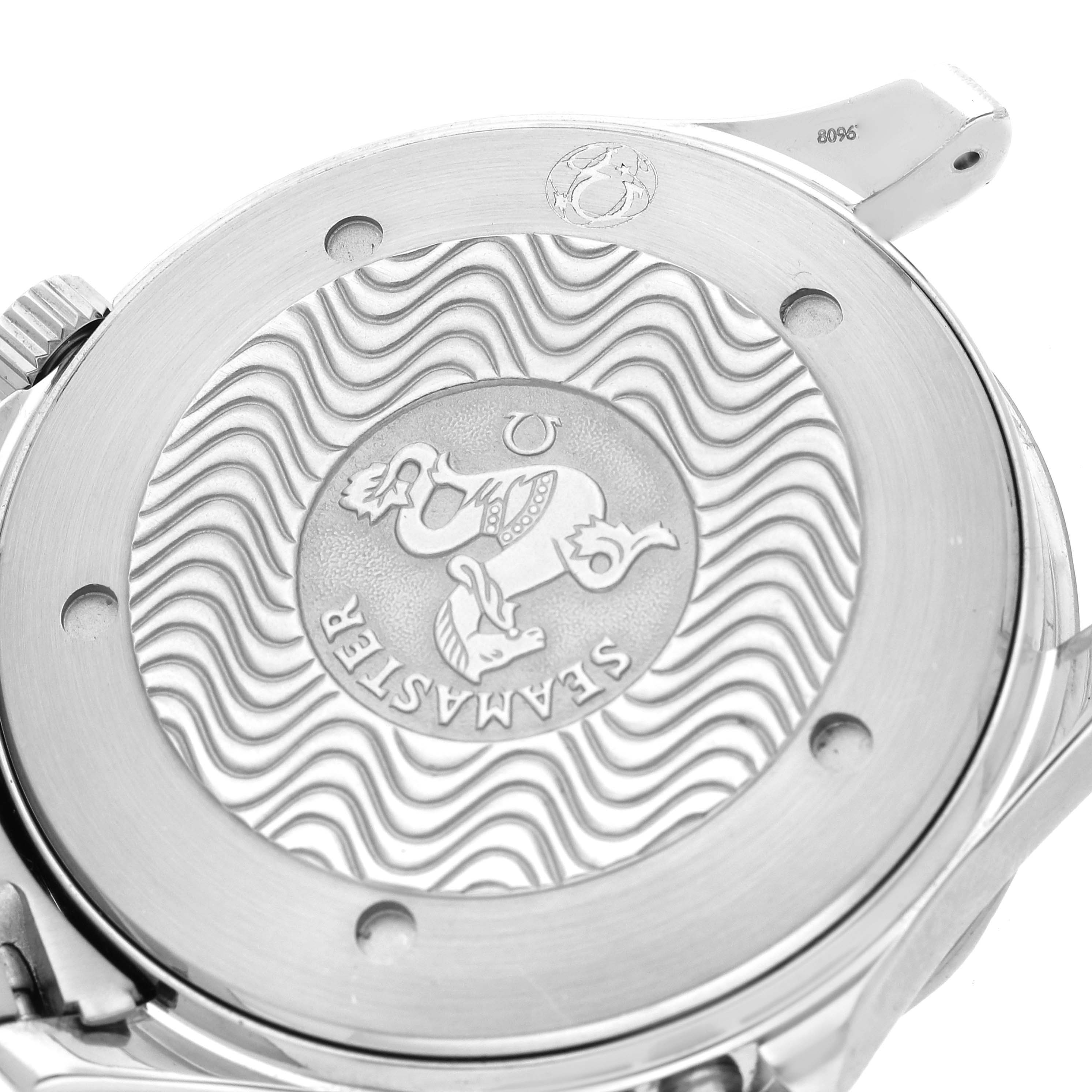 The image shows the back case of an Omega Seamaster 2531.80.00 Men's Stainless Steel Blue Dial 2531.80.00 Men's Stainless Steel Blue Dial watch, displaying the engraved logo and wave pattern.