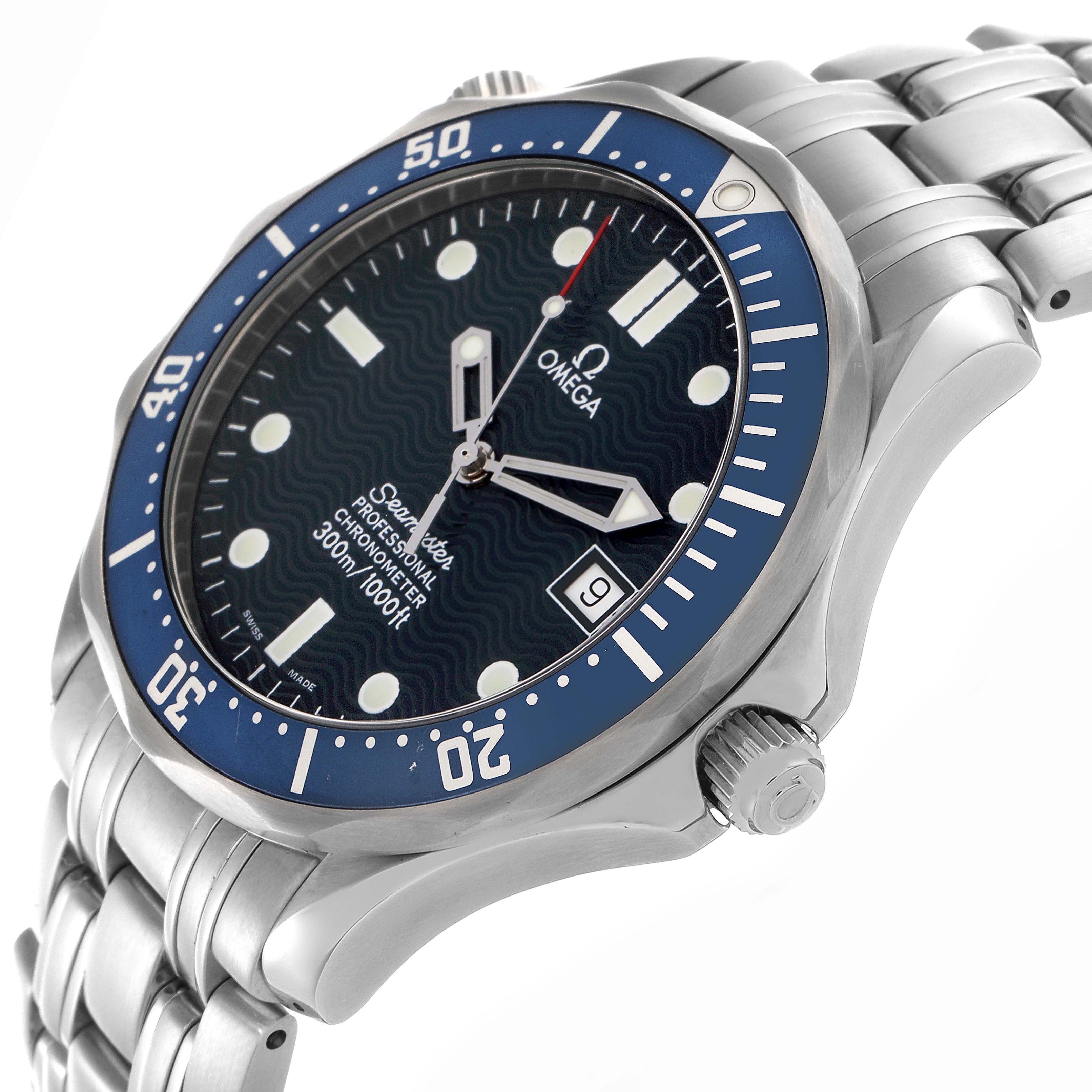 The Omega Seamaster 2531.80.00 Men's Stainless Steel Blue Dial 2531.80.00 Men's Stainless Steel Blue Dial is shown from a side angle, displaying the bezel, dial, bracelet, and crown.