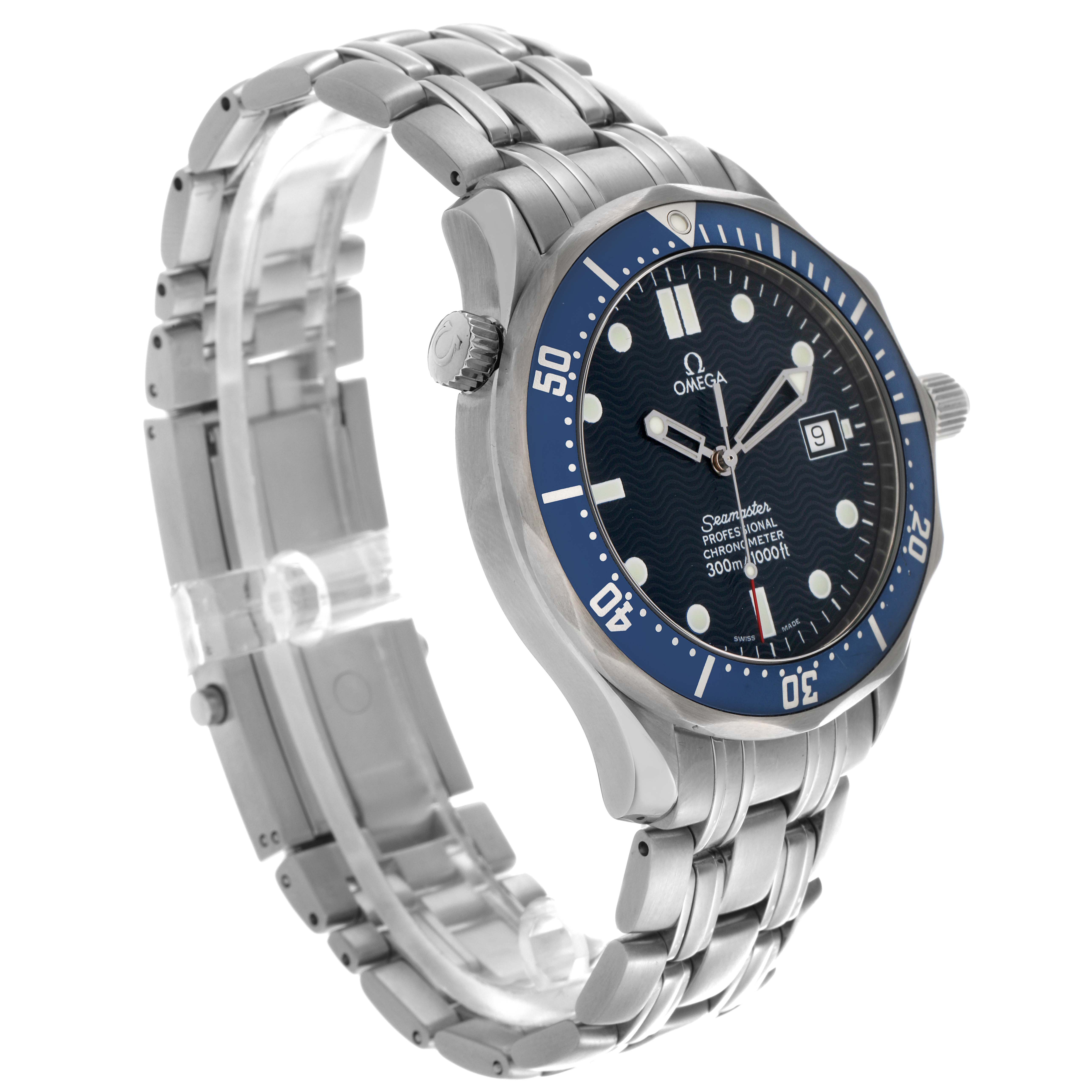 The Omega Seamaster 2531.80.00 Men's Stainless Steel Blue Dial 2531.80.00 Men's Stainless Steel Blue Dial watch is shown at an angled view highlighting the face, bezel, and part of the bracelet.