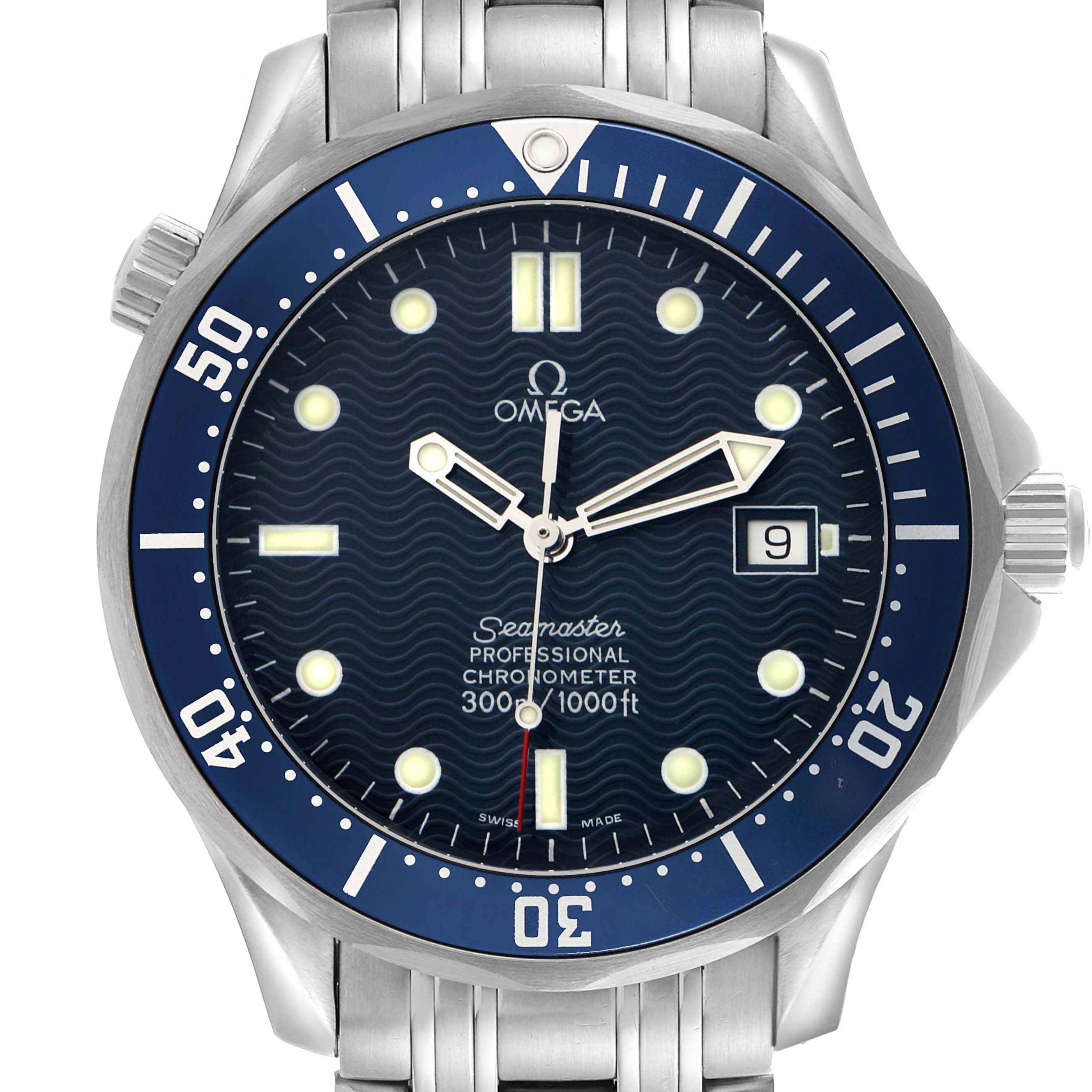 The Omega Seamaster 2531.80.00 Men's Stainless Steel Blue Dial 2531.80.00 Men's Stainless Steel Blue Dial watch is shown from a front view, highlighting the dial, bezel, and stainless steel bracelet.