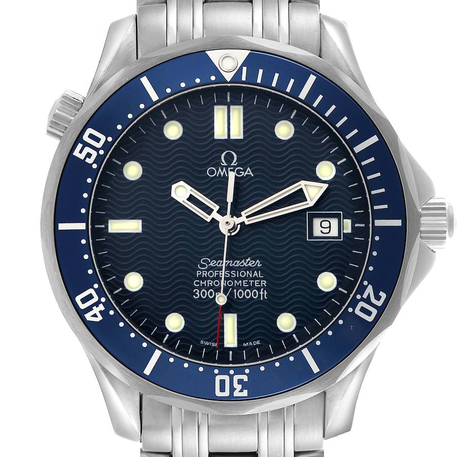 The Omega Seamaster watch is shown from a front view, highlighting the dial, bezel, and stainless steel bracelet.