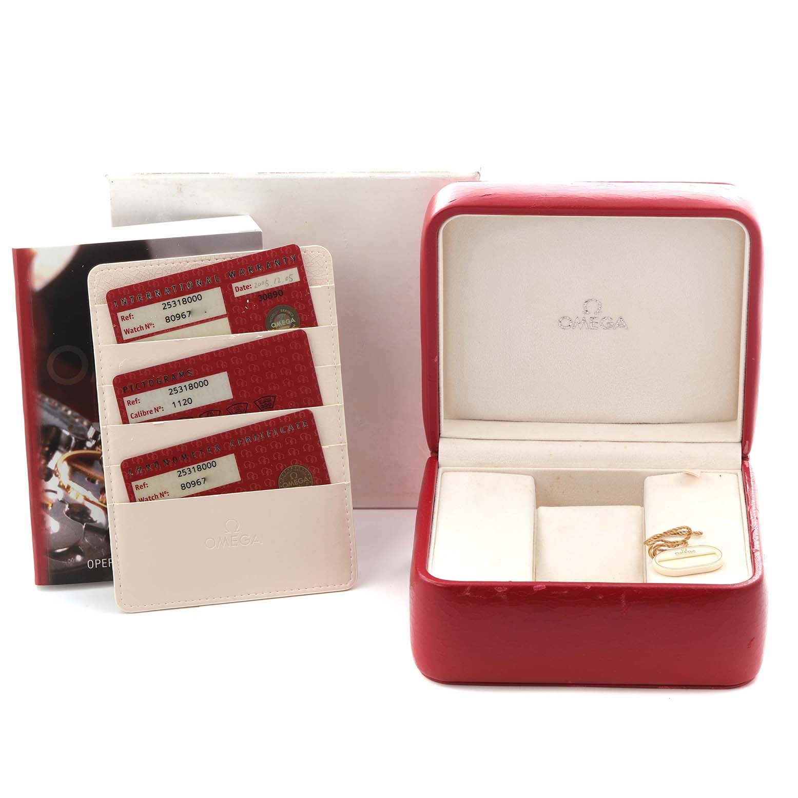 The image shows the Omega Seamaster 2531.80.00 Men's Stainless Steel Blue Dial 2531.80.00 Men's Stainless Steel Blue Dial packaging, including the box, warranty cards, booklet, and cardholder, from a front angle.