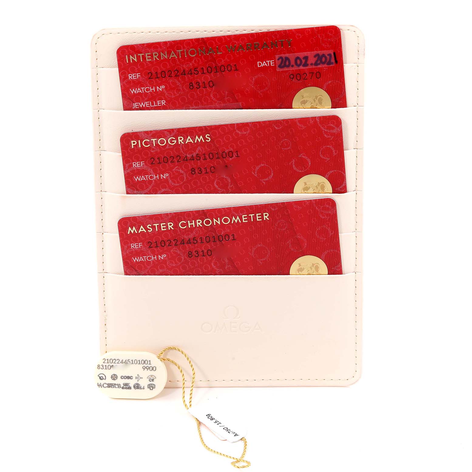 This image shows the warranty cards and accessories for an Omega Seamaster 210.22.44.51.01.001 Men's Steel and Gold (two tone) Black Dial 210.22.44.51.01.001 Men's Steel and Gold (two tone) Black Dial model.