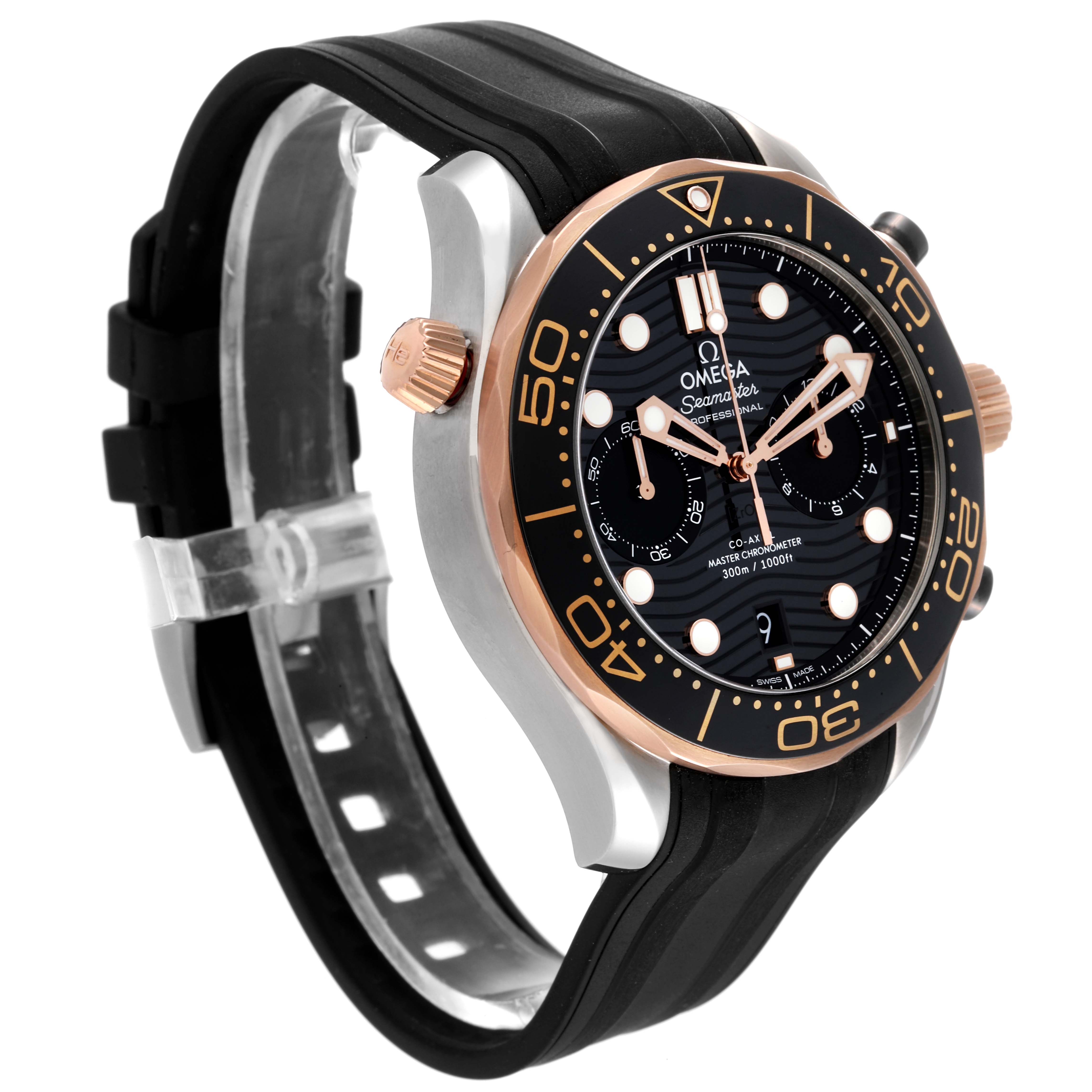 The image shows an angled view of an Omega Seamaster 210.22.44.51.01.001 Men's Steel and Gold (two tone) Black Dial 210.22.44.51.01.001 Men's Steel and Gold (two tone) Black Dial watch, featuring a black rubber strap, a black dial, and a rose gold bezel.