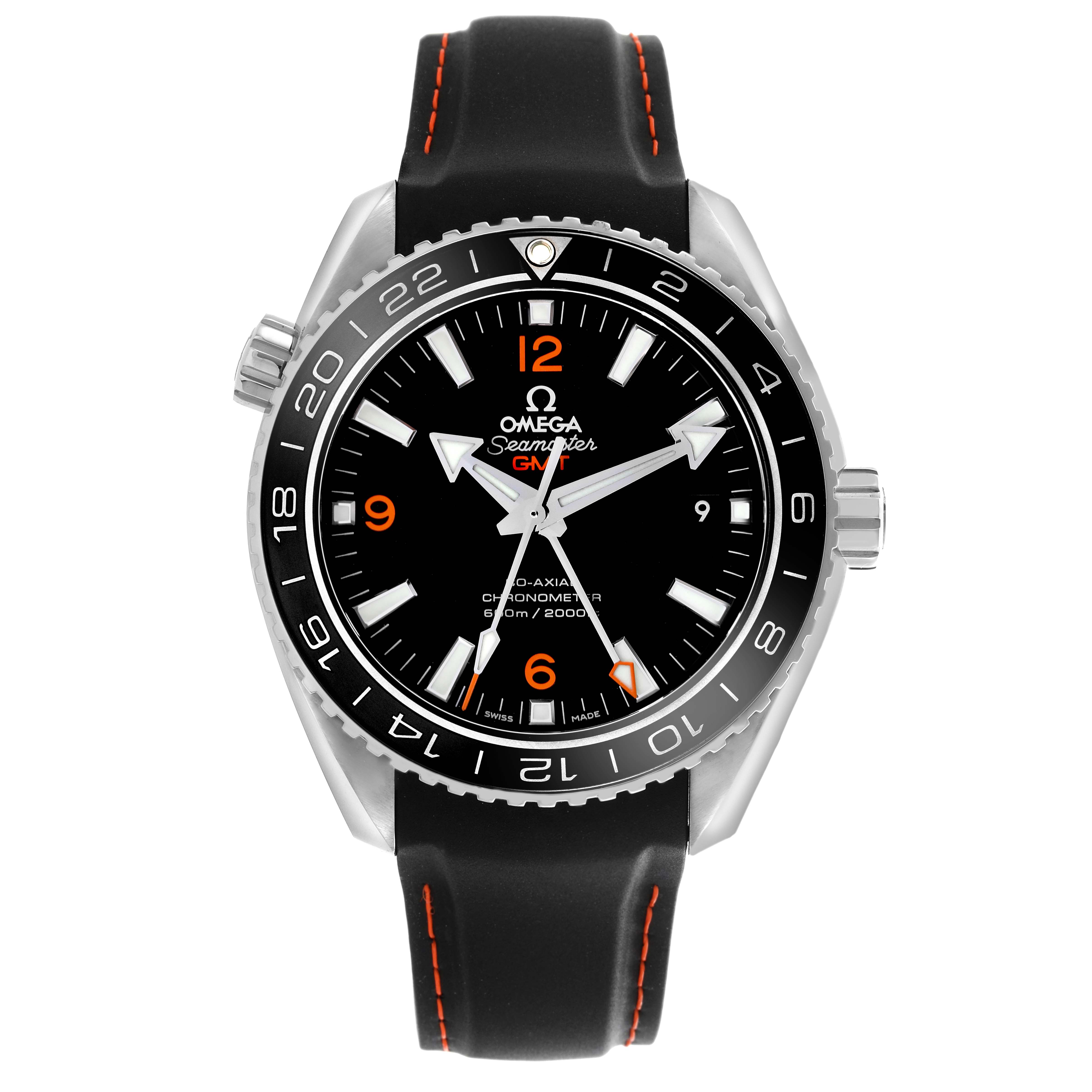 The Omega Planet Ocean 232.32.44.22.01.001 Men
s Stainless Steel Black Dial 232.32.44.22.01.001 Men
s Stainless Steel Black Dial watch is shown from the front, displaying the dial, bezel, case, and strap.