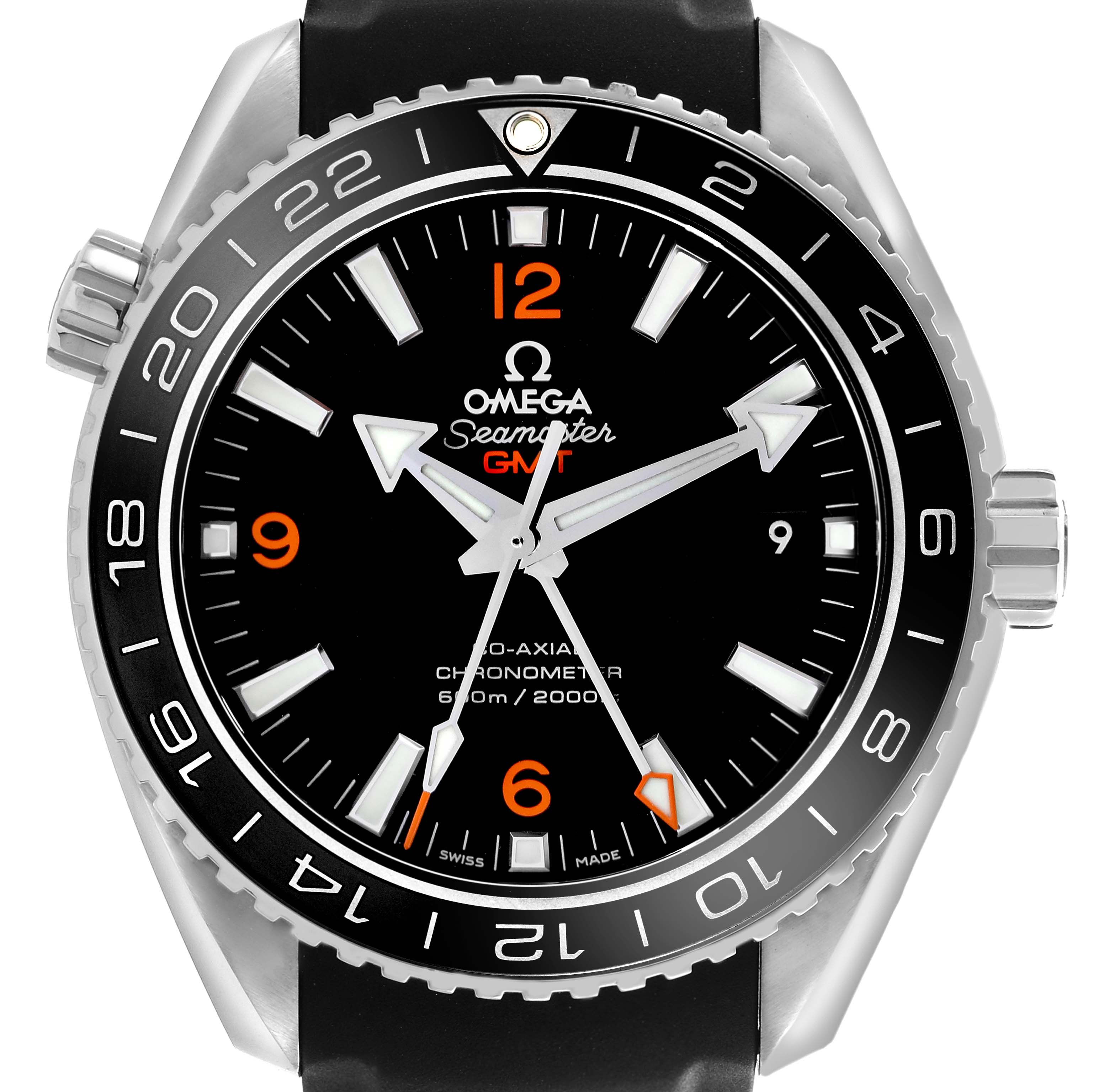 The image shows a front view of the Omega Planet Ocean 232.32.44.22.01.001 Men
s Stainless Steel Black Dial 232.32.44.22.01.001 Men
s Stainless Steel Black Dial watch, highlighting its black dial, bezel, and crown.
