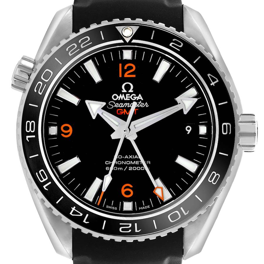 The image shows a front view of the Omega Planet Ocean watch, highlighting its black dial, bezel, and crown.