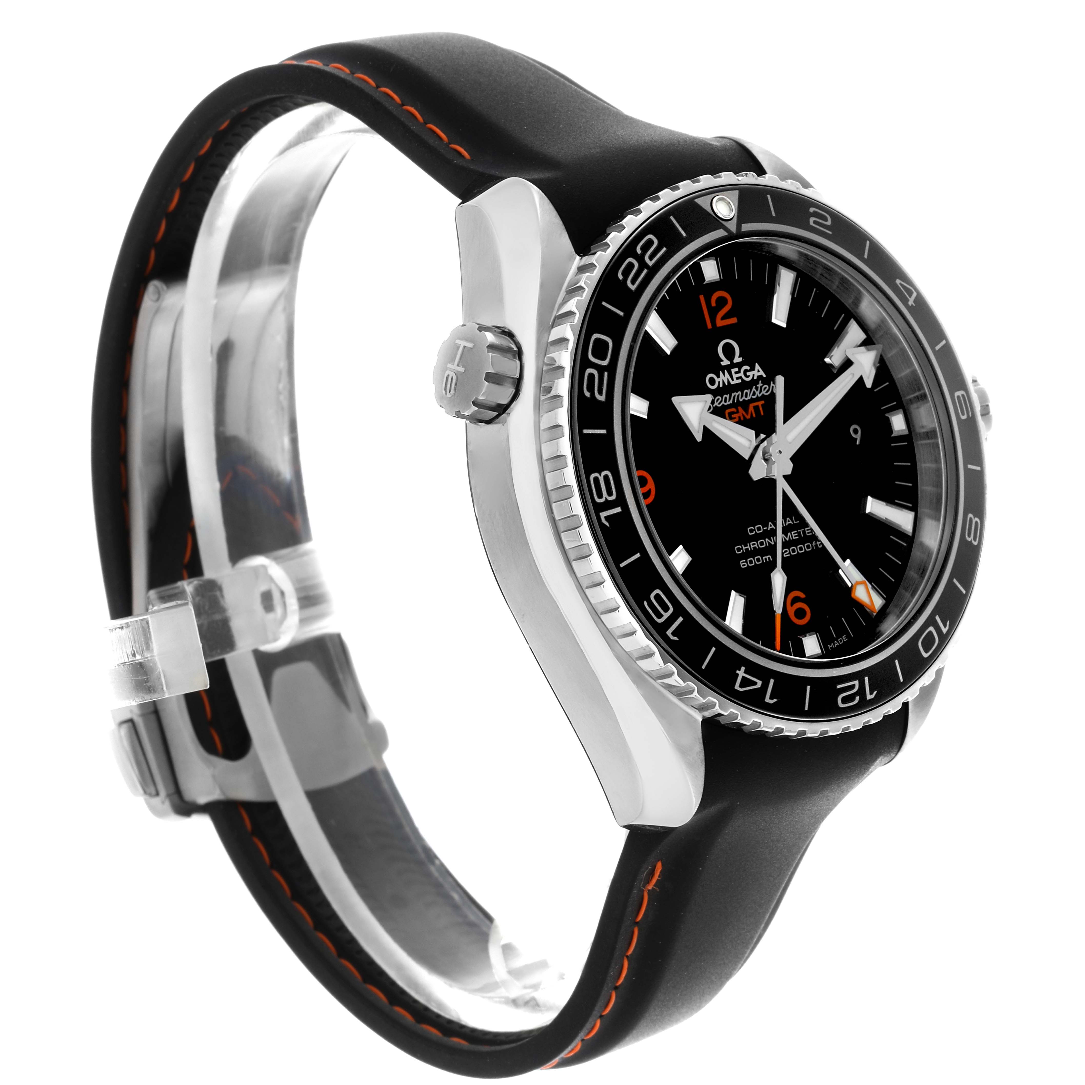 The Omega Planet Ocean 232.32.44.22.01.001 Men
s Stainless Steel Black Dial 232.32.44.22.01.001 Men
s Stainless Steel Black Dial watch is shown at a side angle, highlighting the bezel, crown, and rubber strap with orange accents.