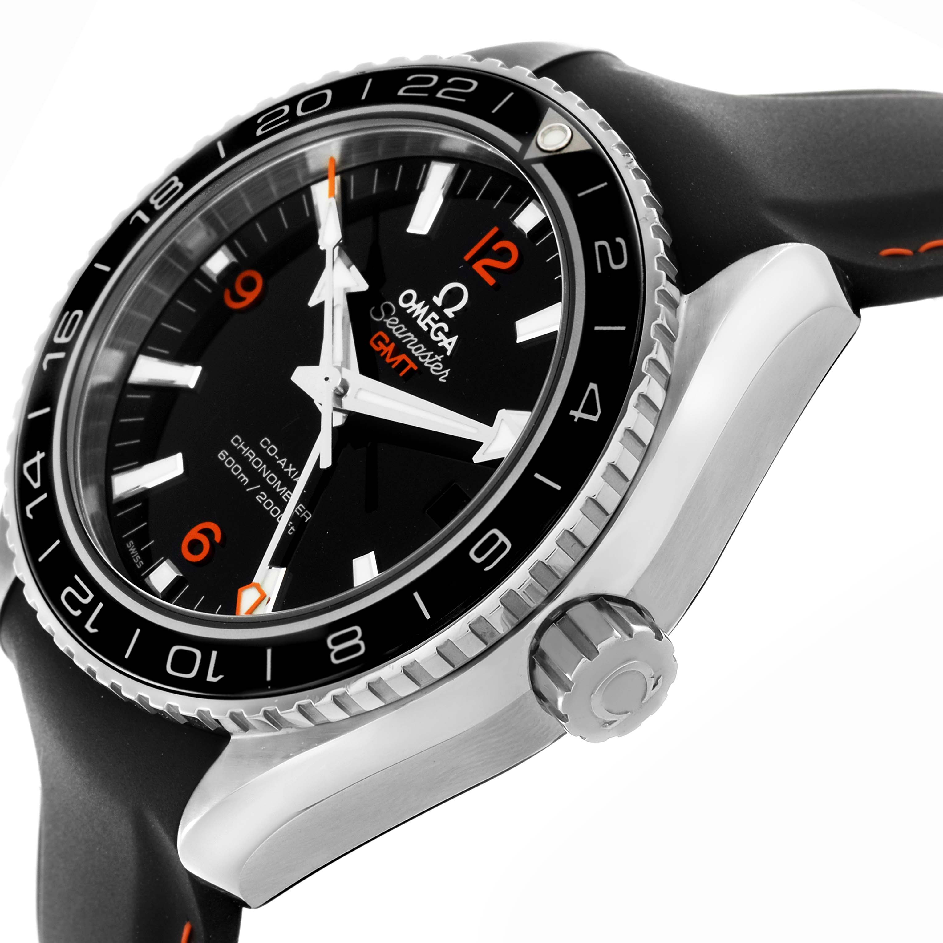 The Omega Planet Ocean 232.32.44.22.01.001 Men
s Stainless Steel Black Dial 232.32.44.22.01.001 Men
s Stainless Steel Black Dial watch is shown at an angled side view, highlighting the dial, bezel, and crown.