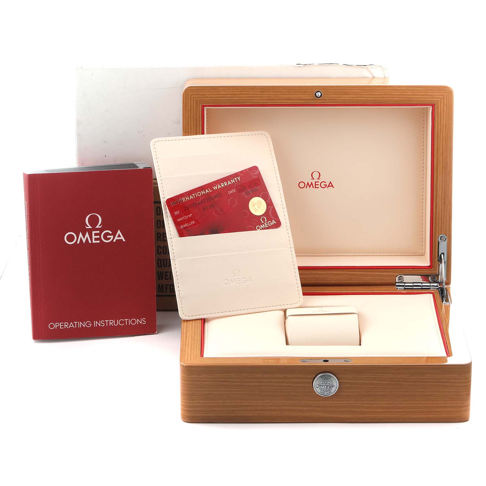 The image shows accessories for the Omega Planet Ocean 232.32.44.22.01.001 Men
s Stainless Steel Black Dial 232.32.44.22.01.001 Men
s Stainless Steel Black Dial, including a wooden box, warranty card, and operating instructions.