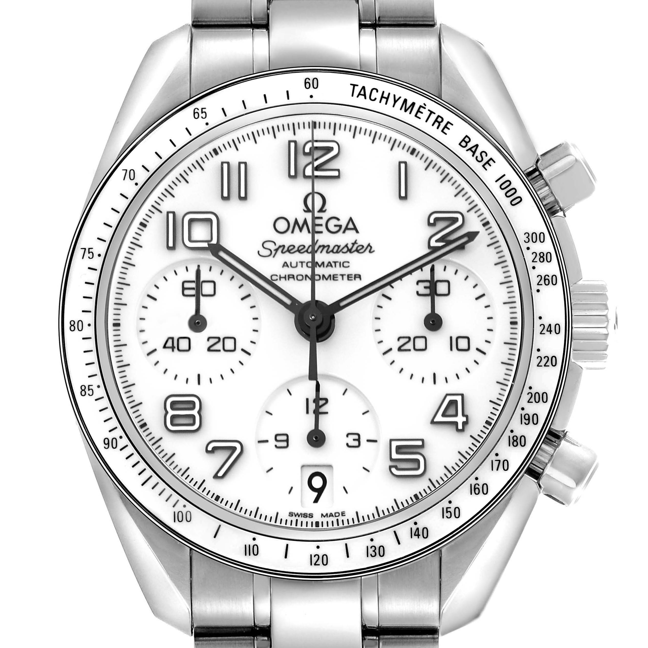 The Omega Speedmaster 324.30.38.40.04.001 Men
s Stainless Steel White Dial 324.30.38.40.04.001 Men
s Stainless Steel White Dial watch is shown from a top-down angle, displaying the dial, tachymeter, and part of the bracelet.
