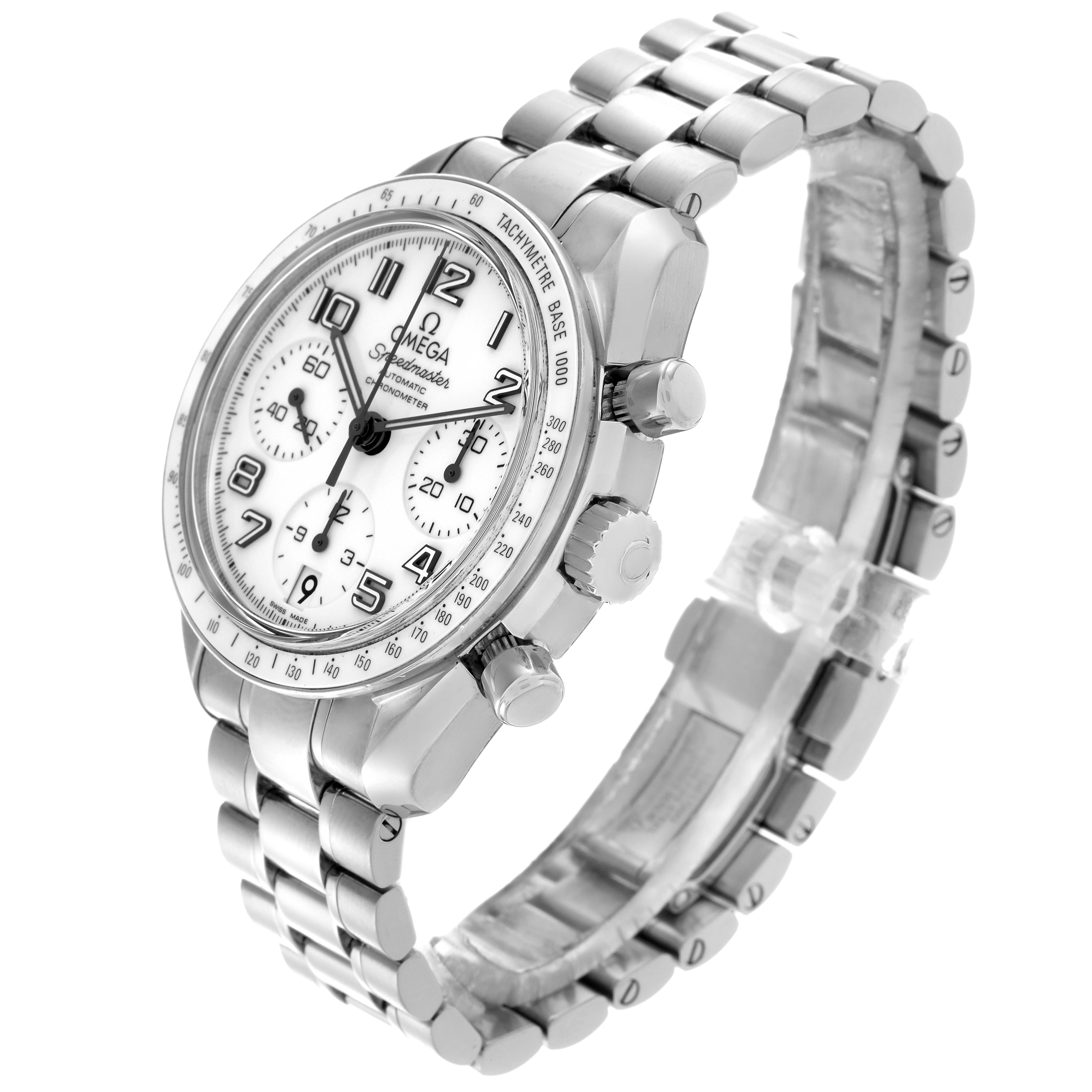 The Omega Speedmaster 324.30.38.40.04.001 Men
s Stainless Steel White Dial 324.30.38.40.04.001 Men
s Stainless Steel White Dial watch is shown at a three-quarter angle, highlighting the face, bezel, pushers, and stainless steel bracelet.