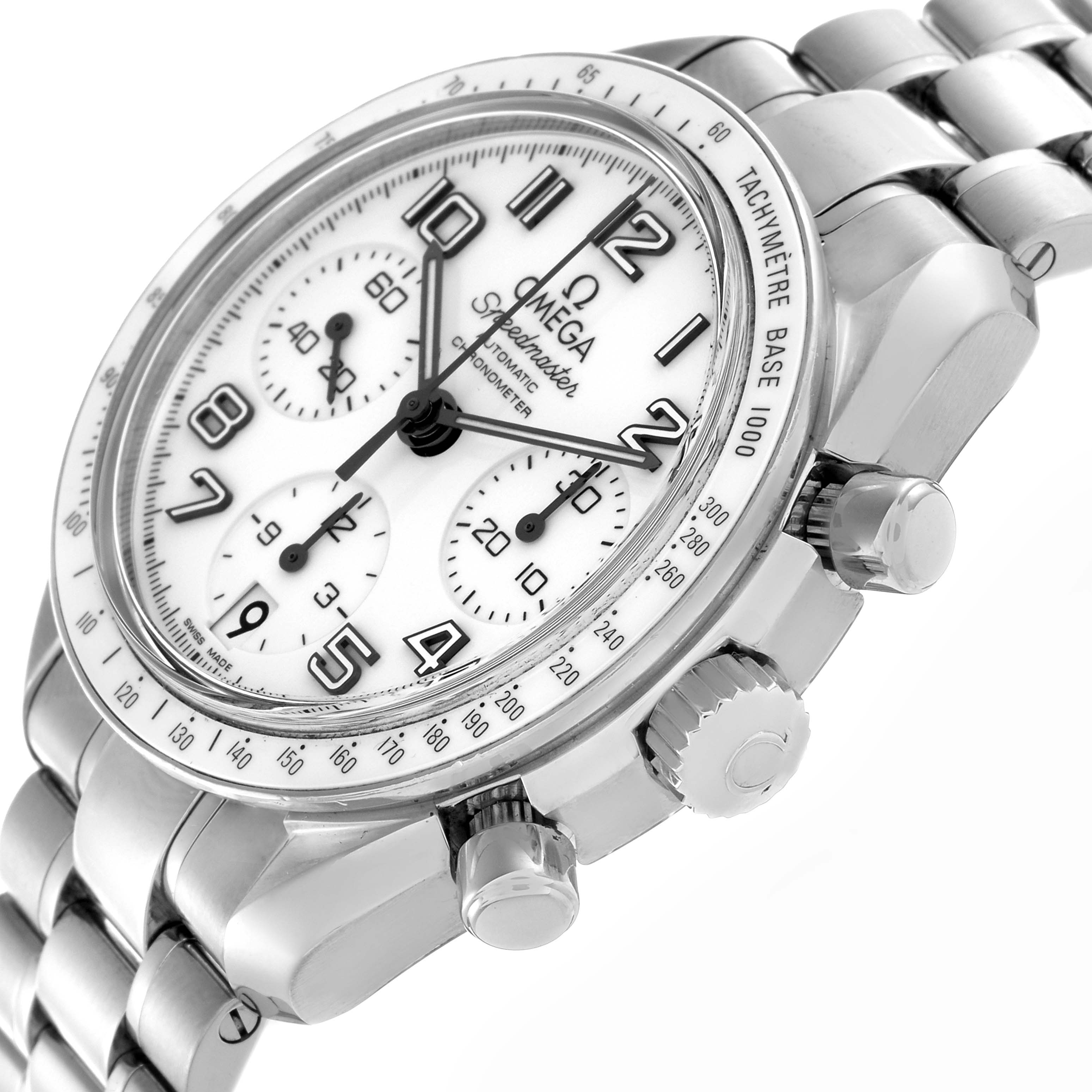 The Omega Speedmaster 324.30.38.40.04.001 Men
s Stainless Steel White Dial 324.30.38.40.04.001 Men
s Stainless Steel White Dial watch is shown at a slight diagonal angle, highlighting the face, bracelet, crown, and pushers.