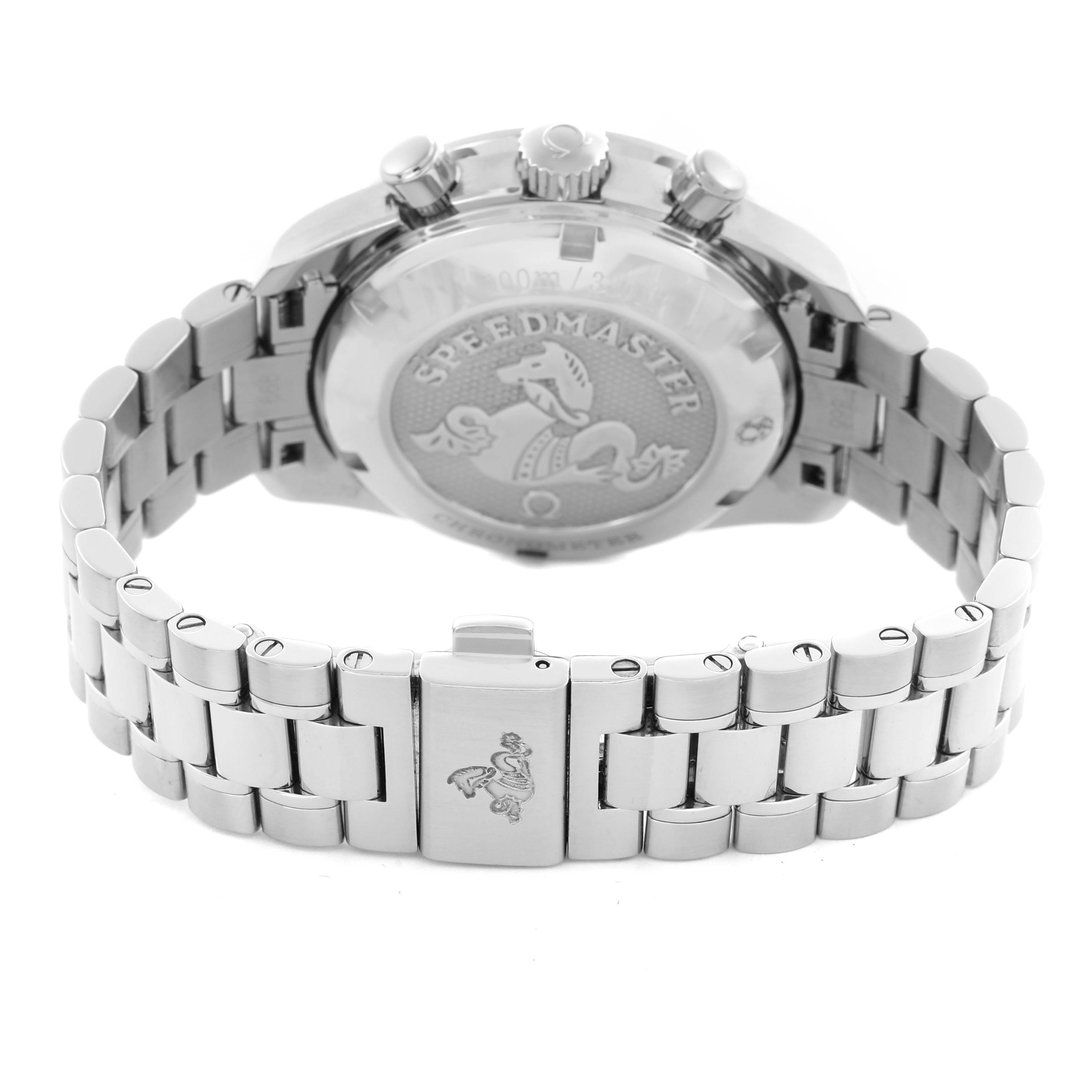 The Omega Speedmaster 324.30.38.40.04.001 Men
s Stainless Steel White Dial 324.30.38.40.04.001 Men
s Stainless Steel White Dial watch is shown from the back, highlighting the engraved case back and metal bracelet clasp.