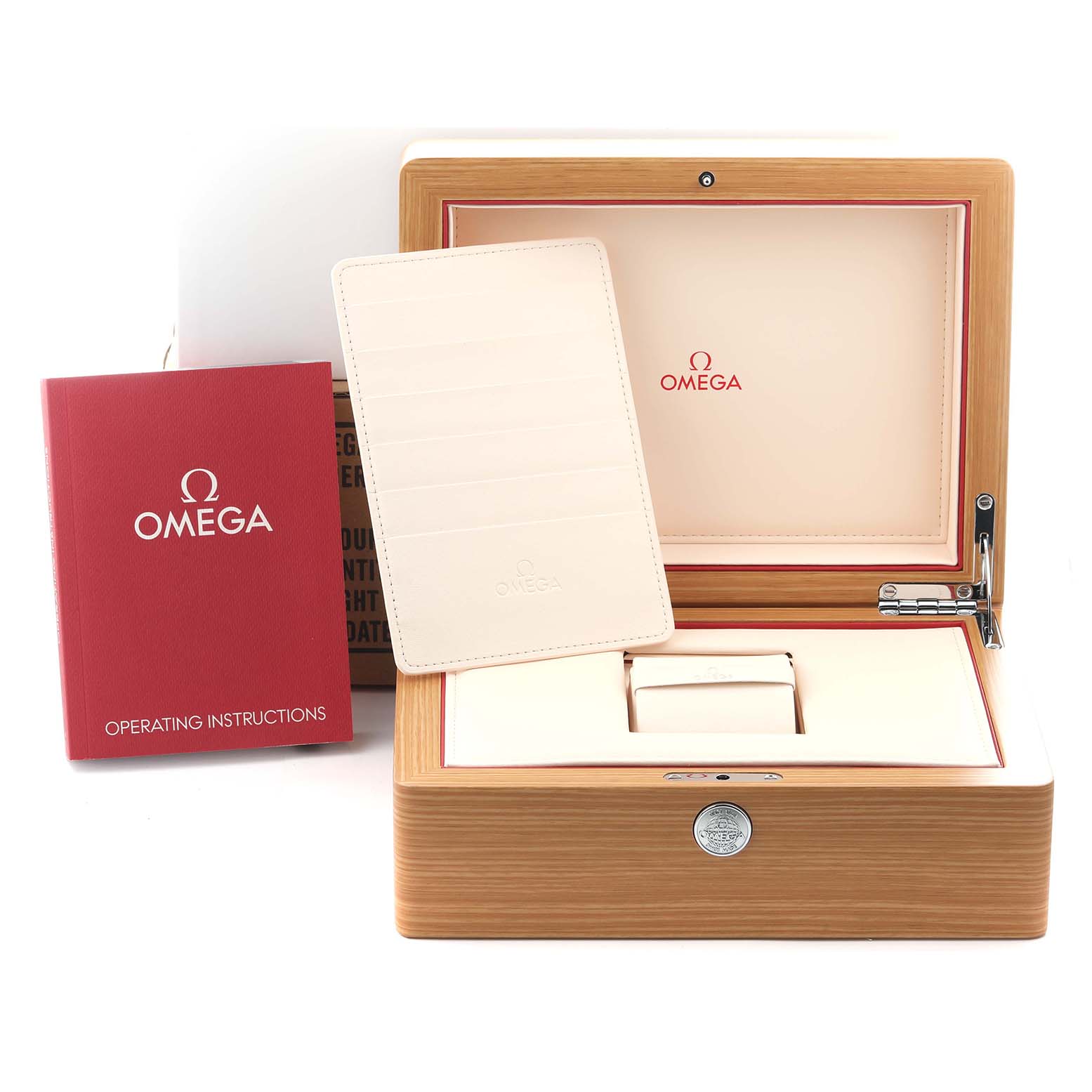 The image shows the Omega Speedmaster 324.30.38.40.04.001 Men
s Stainless Steel White Dial 324.30.38.40.04.001 Men
s Stainless Steel White Dial
s wooden box with open lid, instruction manual, and card holder from the front angle.