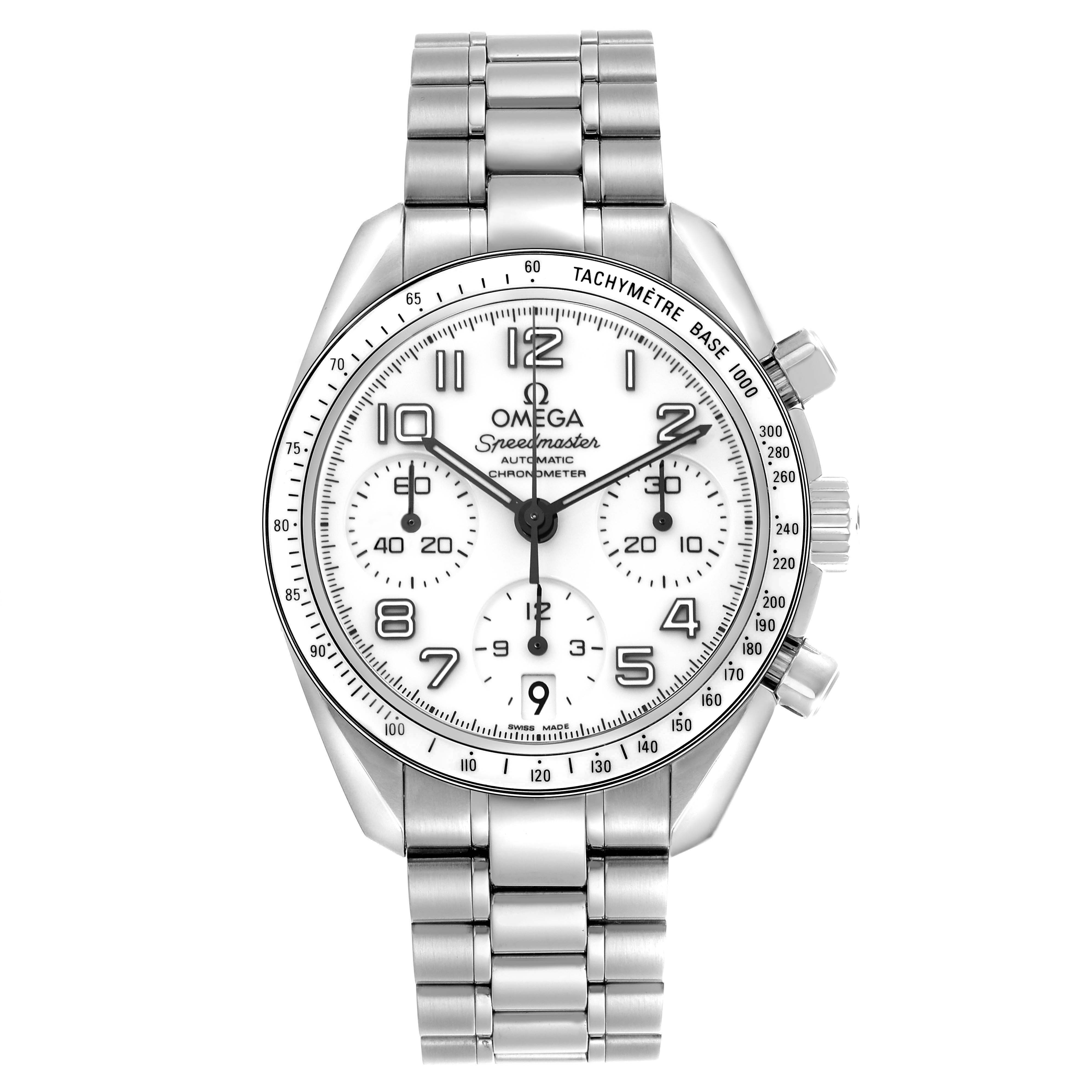 The Omega Speedmaster 324.30.38.40.04.001 Men
s Stainless Steel White Dial 324.30.38.40.04.001 Men
s Stainless Steel White Dial is shown from a front angle, displaying the dial, bezel, and bracelet.