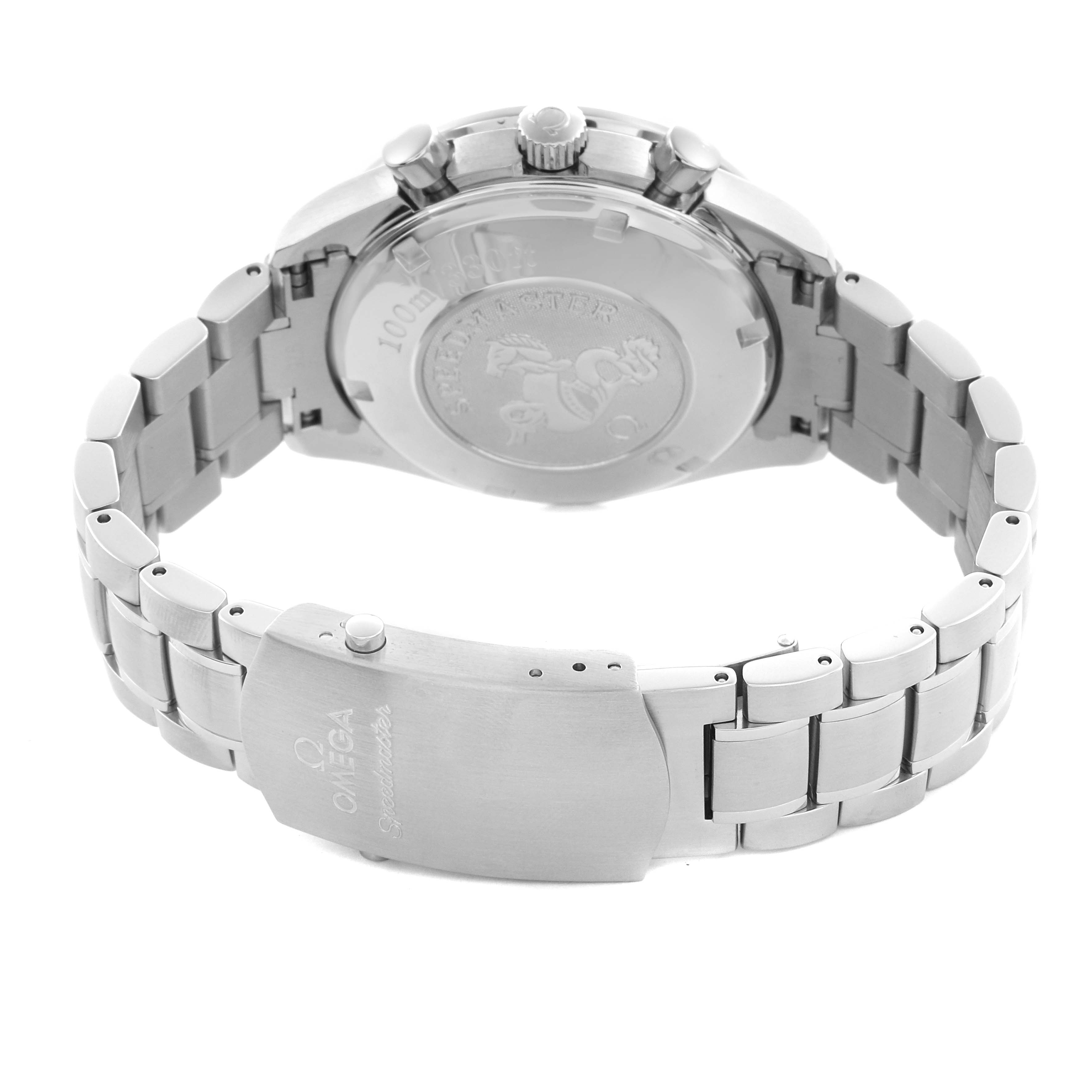 The image shows the back of an Omega Speedmaster 3220.50.00 Men's Stainless Steel Black Dial 3220.50.00 Men's Stainless Steel Black Dial watch, displaying the clasp, bracelet, and case back.