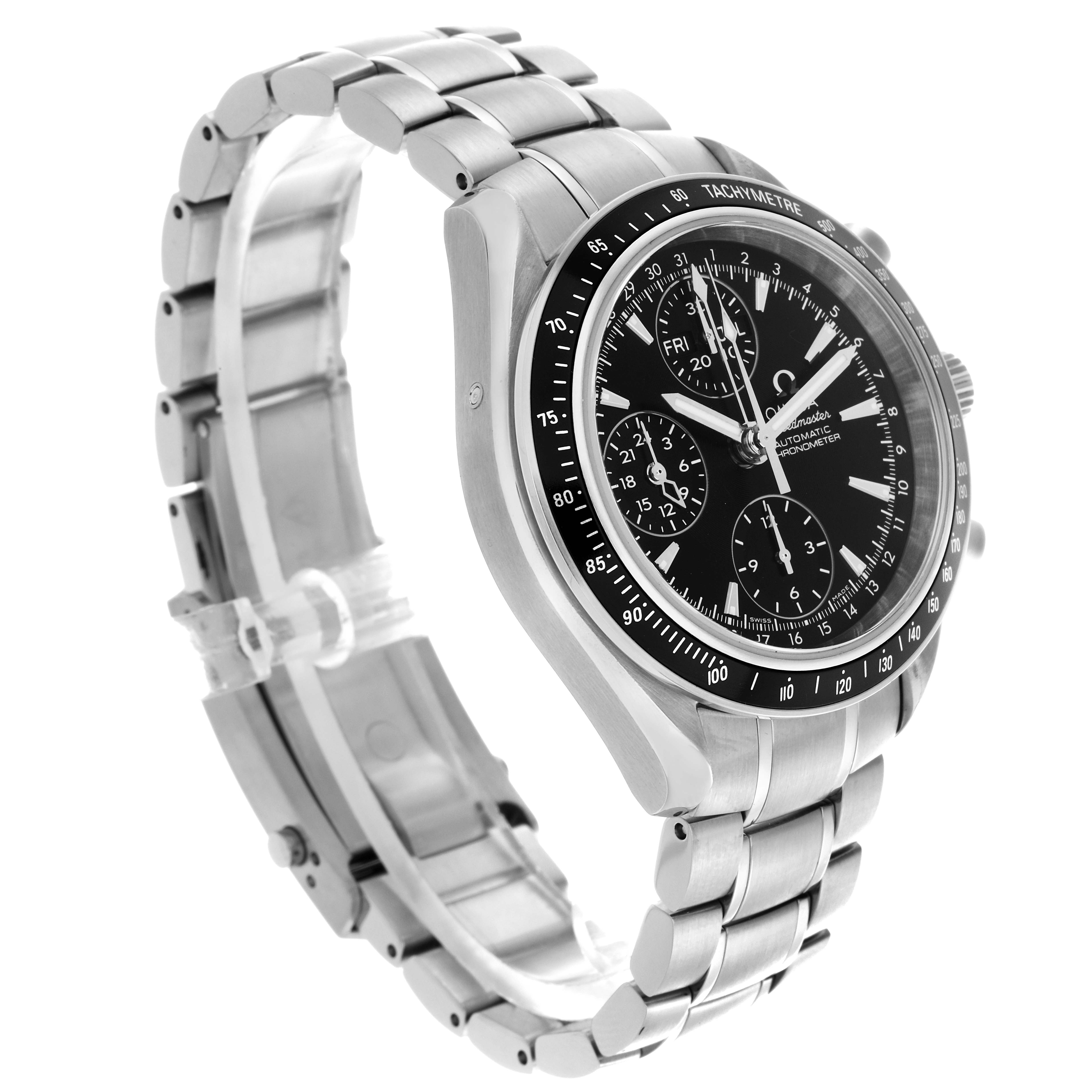 The Omega Speedmaster 3220.50.00 Men's Stainless Steel Black Dial 3220.50.00 Men's Stainless Steel Black Dial watch is shown from an angled side view, highlighting the dial, tachymeter bezel, and metal bracelet.