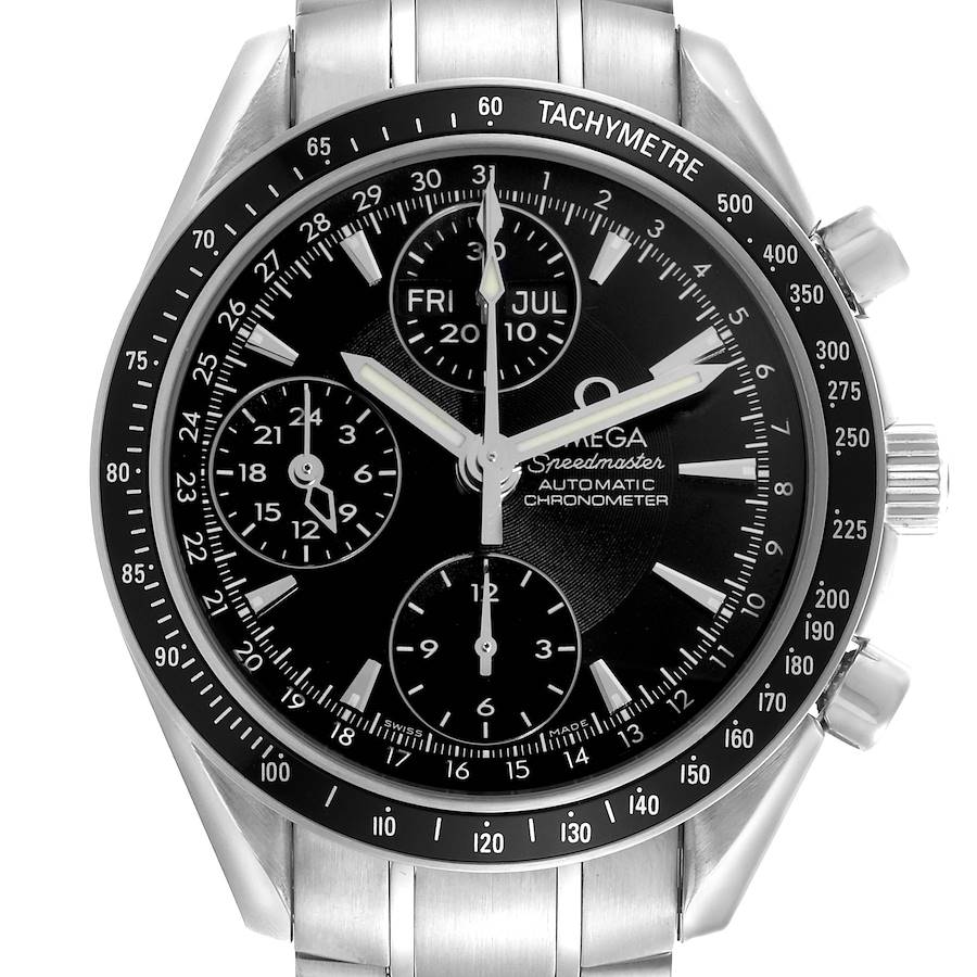The Omega Speedmaster watch is shown from a front angle, displaying the dial, tachymeter bezel, and chronograph subdials.