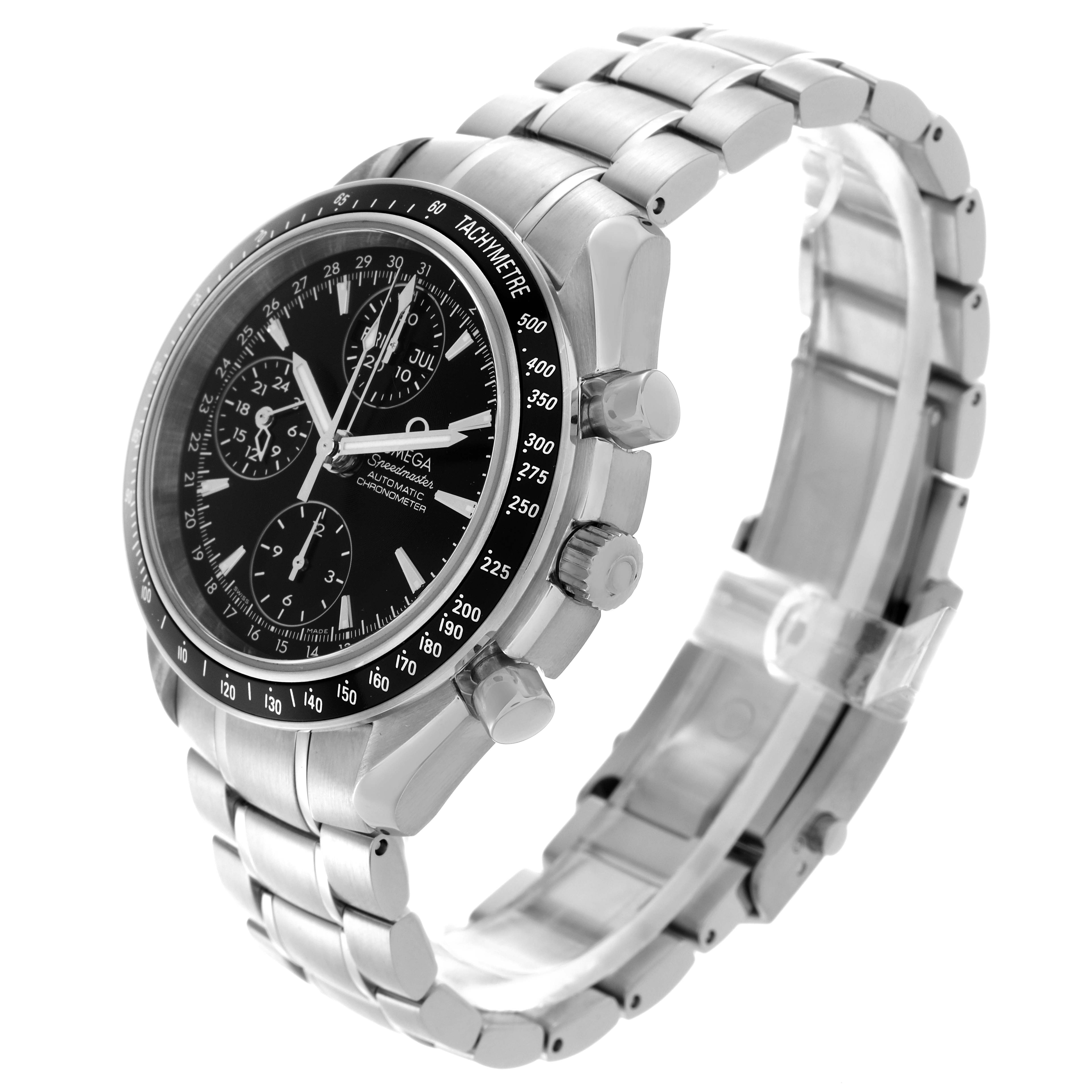 The Omega Speedmaster 3220.50.00 Men's Stainless Steel Black Dial 3220.50.00 Men's Stainless Steel Black Dial watch is shown at a three-quarter angle, highlighting its dial, bezel, pushers, and bracelet.