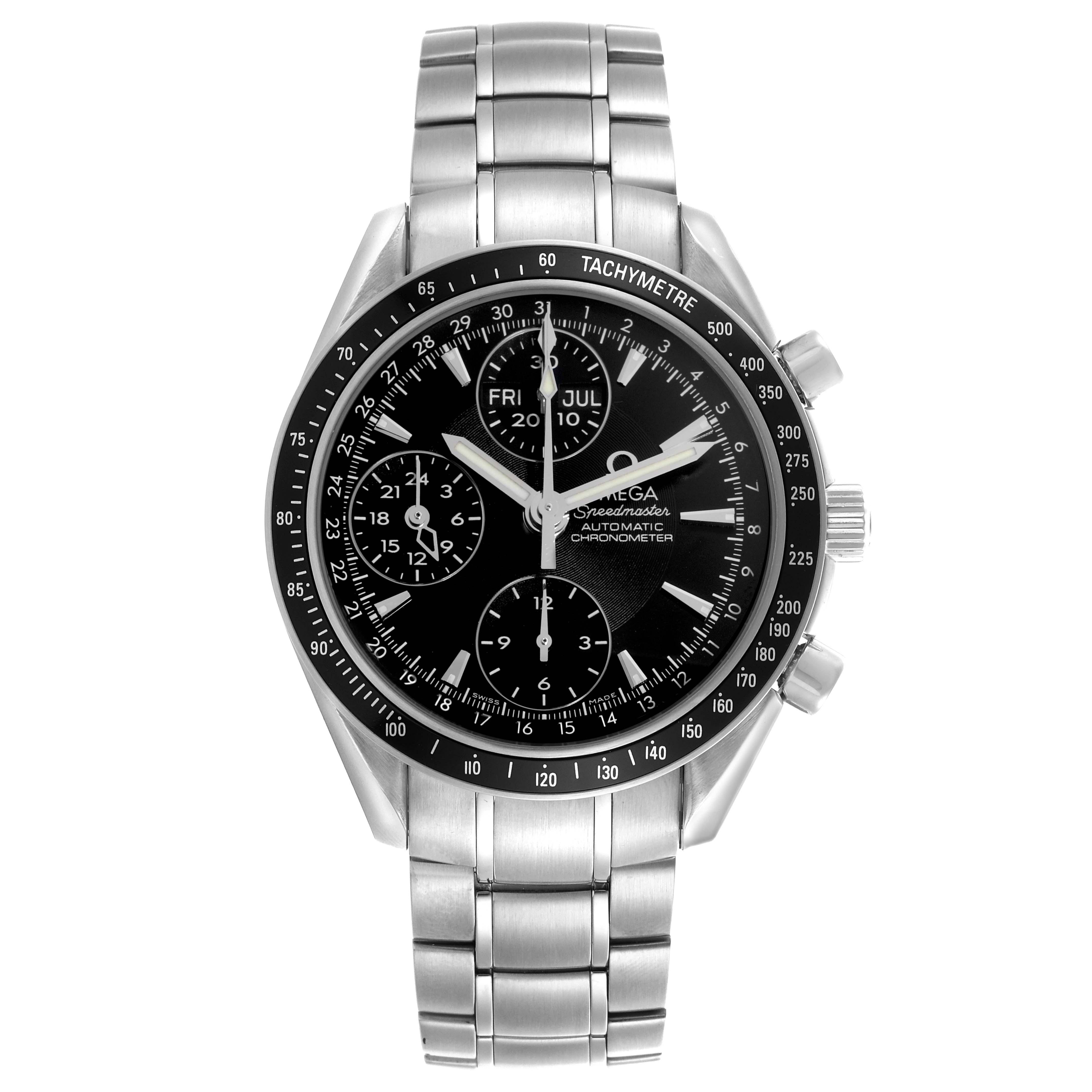 The Omega Speedmaster 3220.50.00 Men's Stainless Steel Black Dial 3220.50.00 Men's Stainless Steel Black Dial watch is shown from the front, displaying its dial, tachymeter bezel, and stainless steel bracelet.