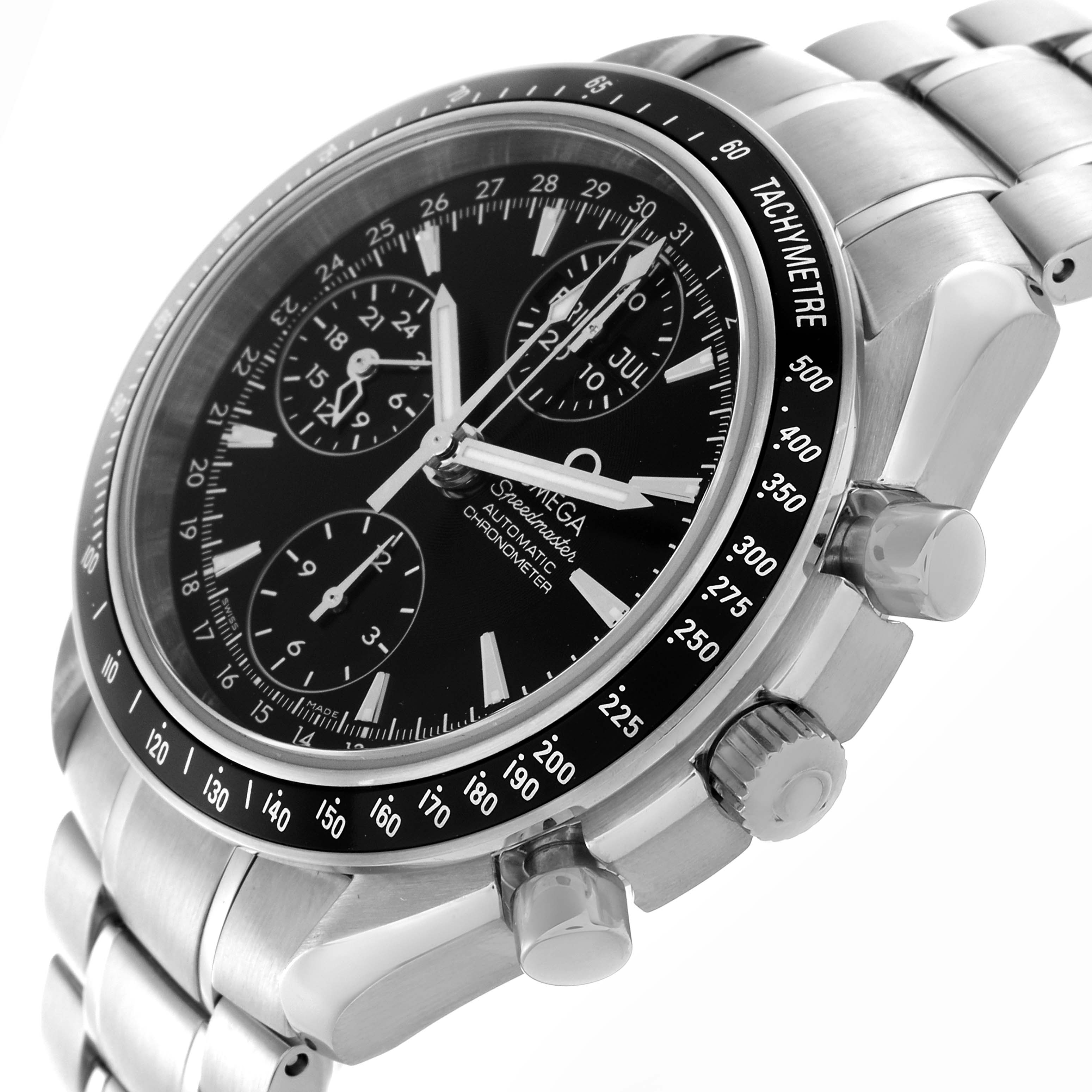 The Omega Speedmaster 3220.50.00 Men's Stainless Steel Black Dial 3220.50.00 Men's Stainless Steel Black Dial watch is shown from a three-quarter angle displaying the face, bezel, and side pushers.