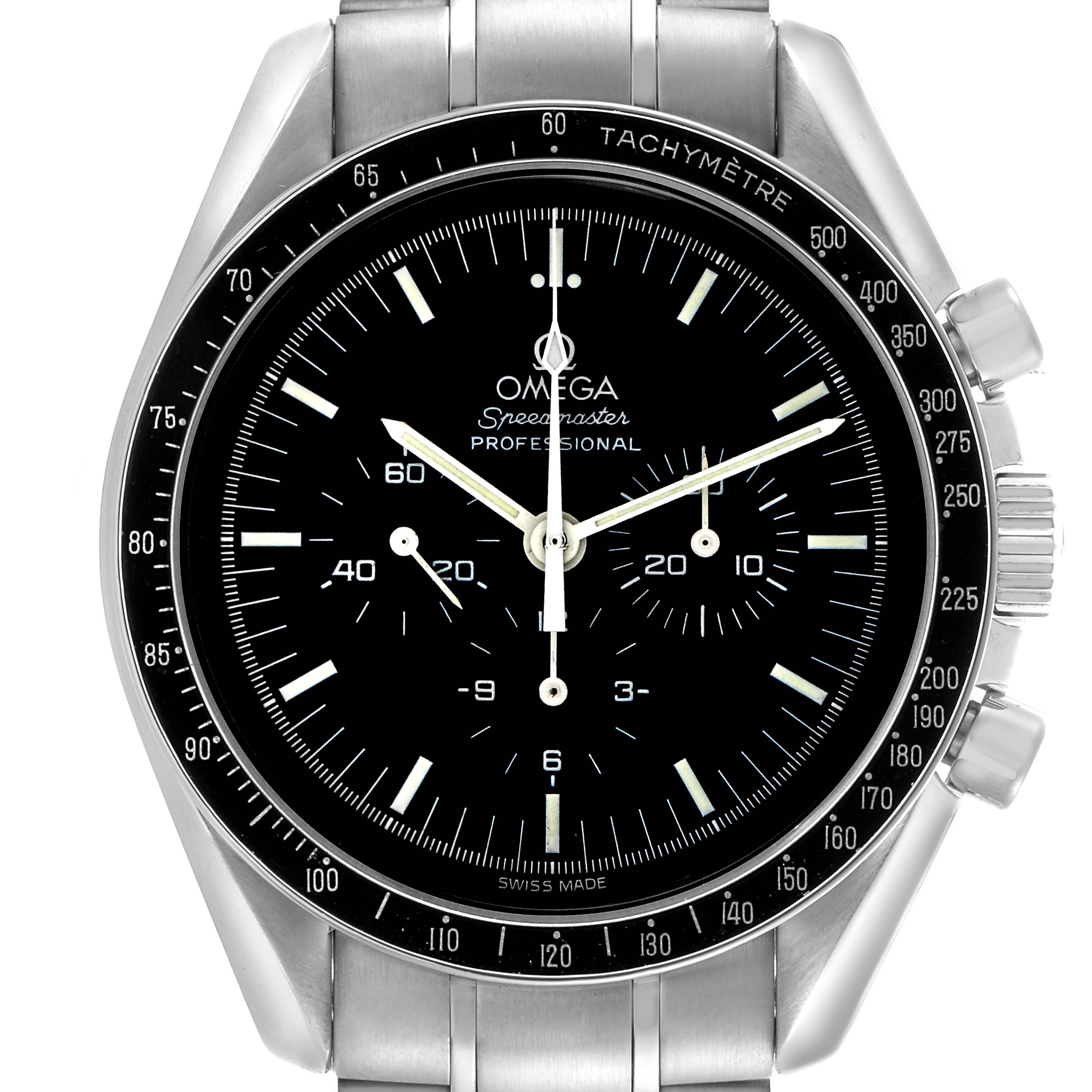 The Omega Speedmaster 3571.50.00 Men
s Stainless Steel Black Dial 3571.50.00 Men
s Stainless Steel Black Dial watch is shown from a front angle, highlighting the dial, bezel, and chronograph pushers.