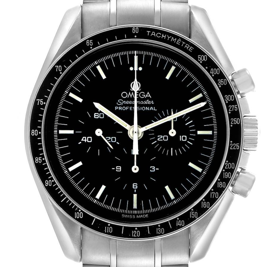 The Omega Speedmaster watch is shown from a front angle, highlighting the dial, bezel, and chronograph pushers.