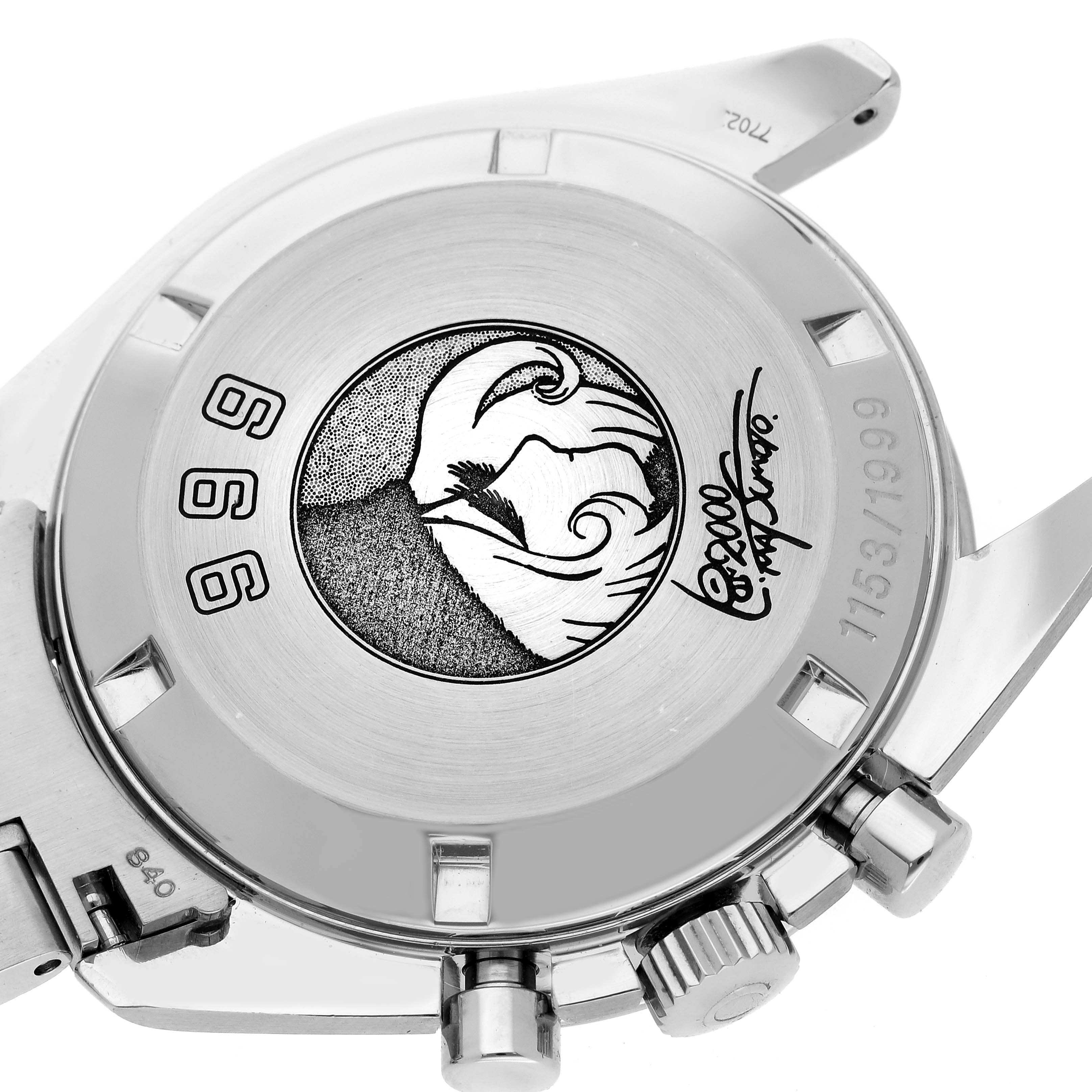 The image shows the case back of an Omega Speedmaster 3571.50.00 Men
s Stainless Steel Black Dial 3571.50.00 Men
s Stainless Steel Black Dial, displaying an engraved design and limited edition number.