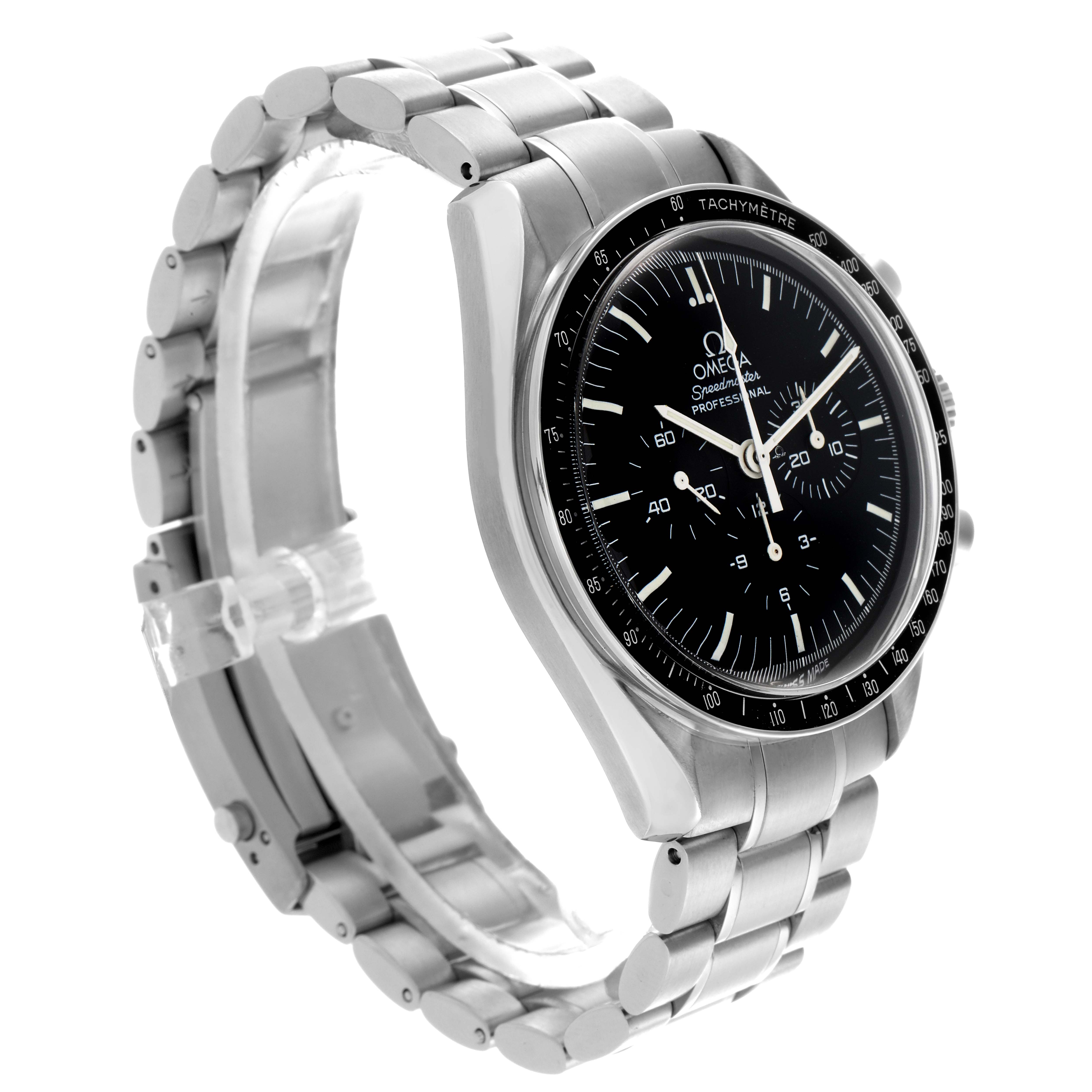 The Omega Speedmaster 3571.50.00 Men
s Stainless Steel Black Dial 3571.50.00 Men
s Stainless Steel Black Dial watch is shown at a three-quarter angle, revealing its face, bezel, and stainless steel bracelet.