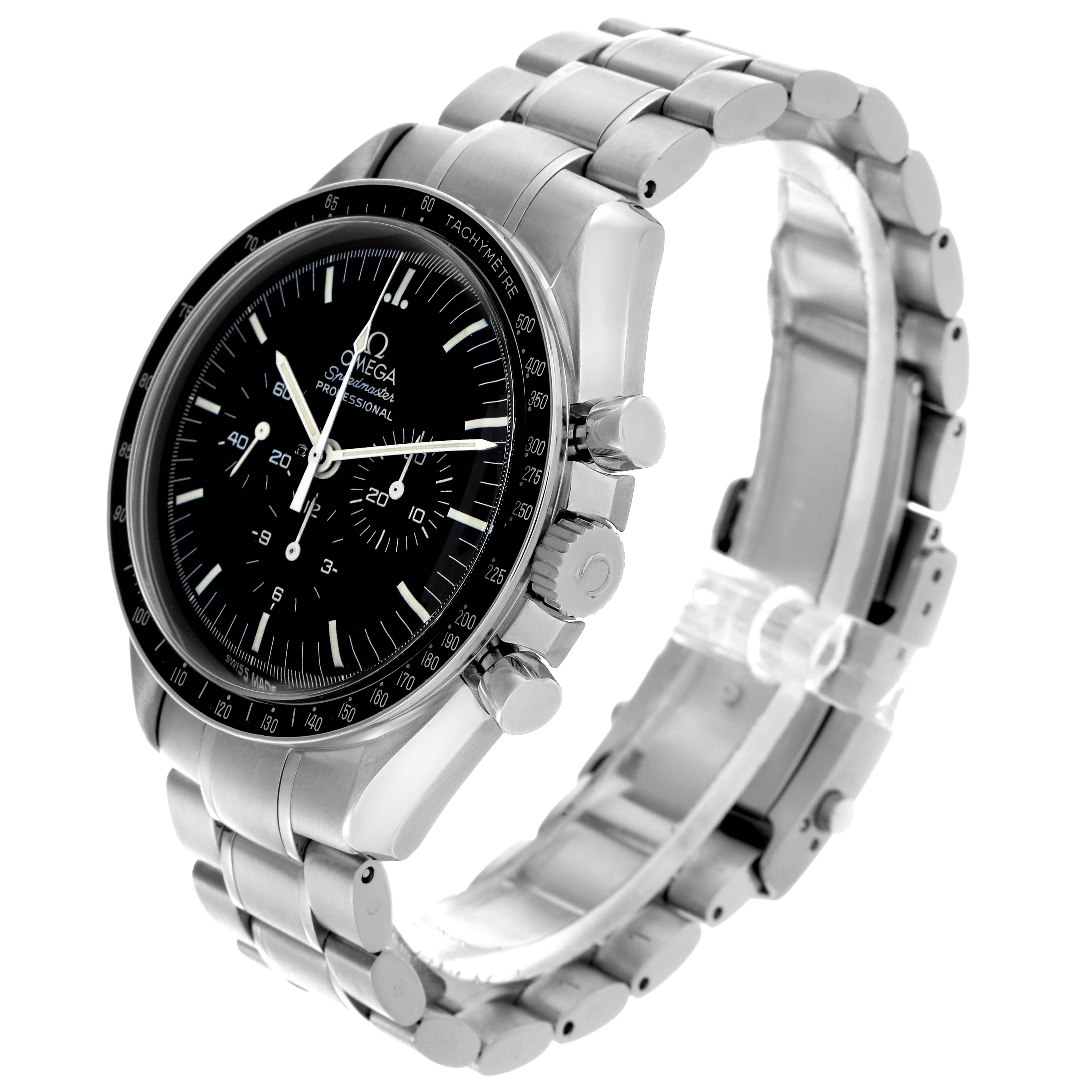 The Omega Speedmaster 3571.50.00 Men
s Stainless Steel Black Dial 3571.50.00 Men
s Stainless Steel Black Dial watch is shown at a three-quarter angle, highlighting the dial, bezel, crown, pushers, and stainless steel bracelet.