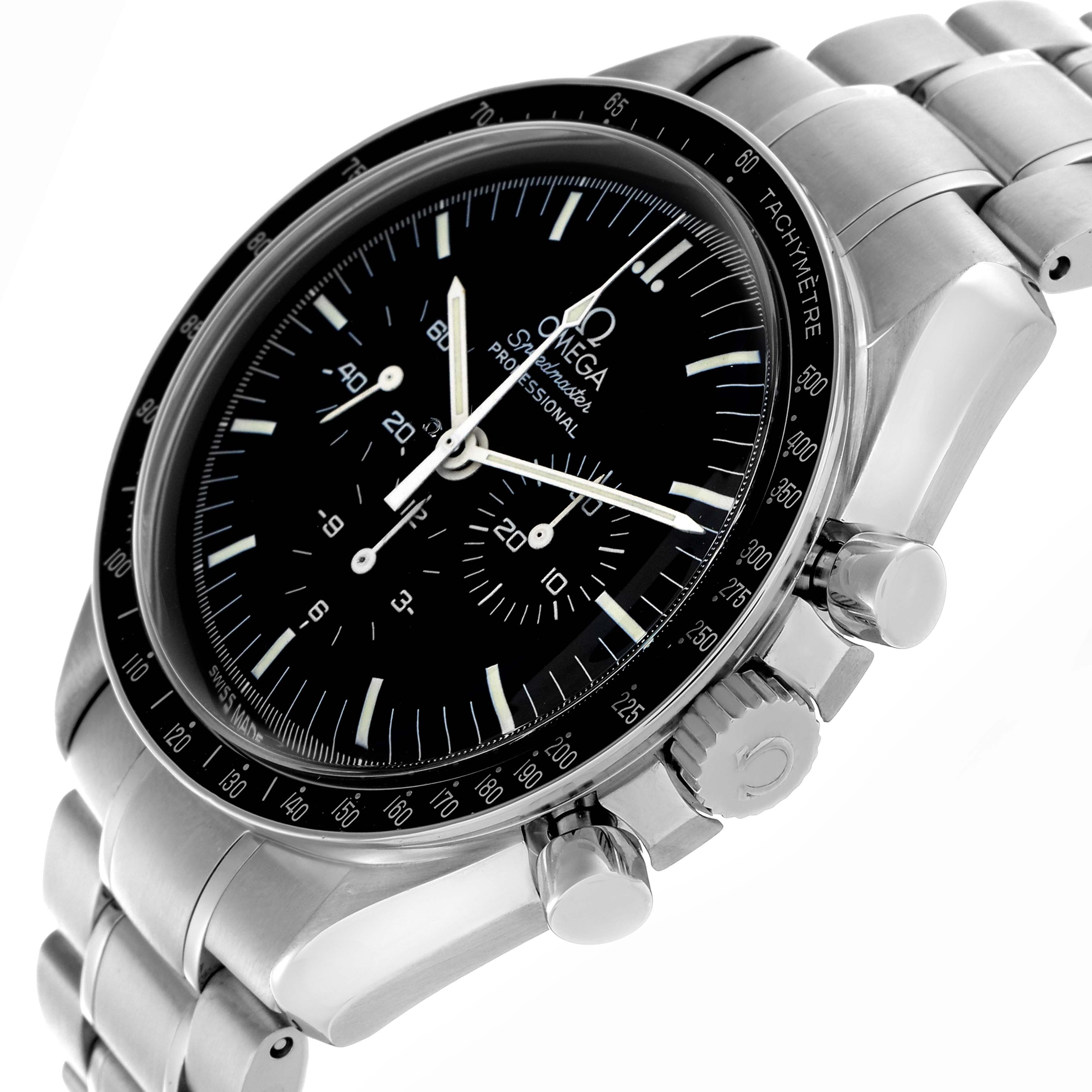 The Omega Speedmaster 3571.50.00 Men
s Stainless Steel Black Dial 3571.50.00 Men
s Stainless Steel Black Dial watch is shown at a three-quarter angle, highlighting the face, bezel, pushers, crown, and bracelet.