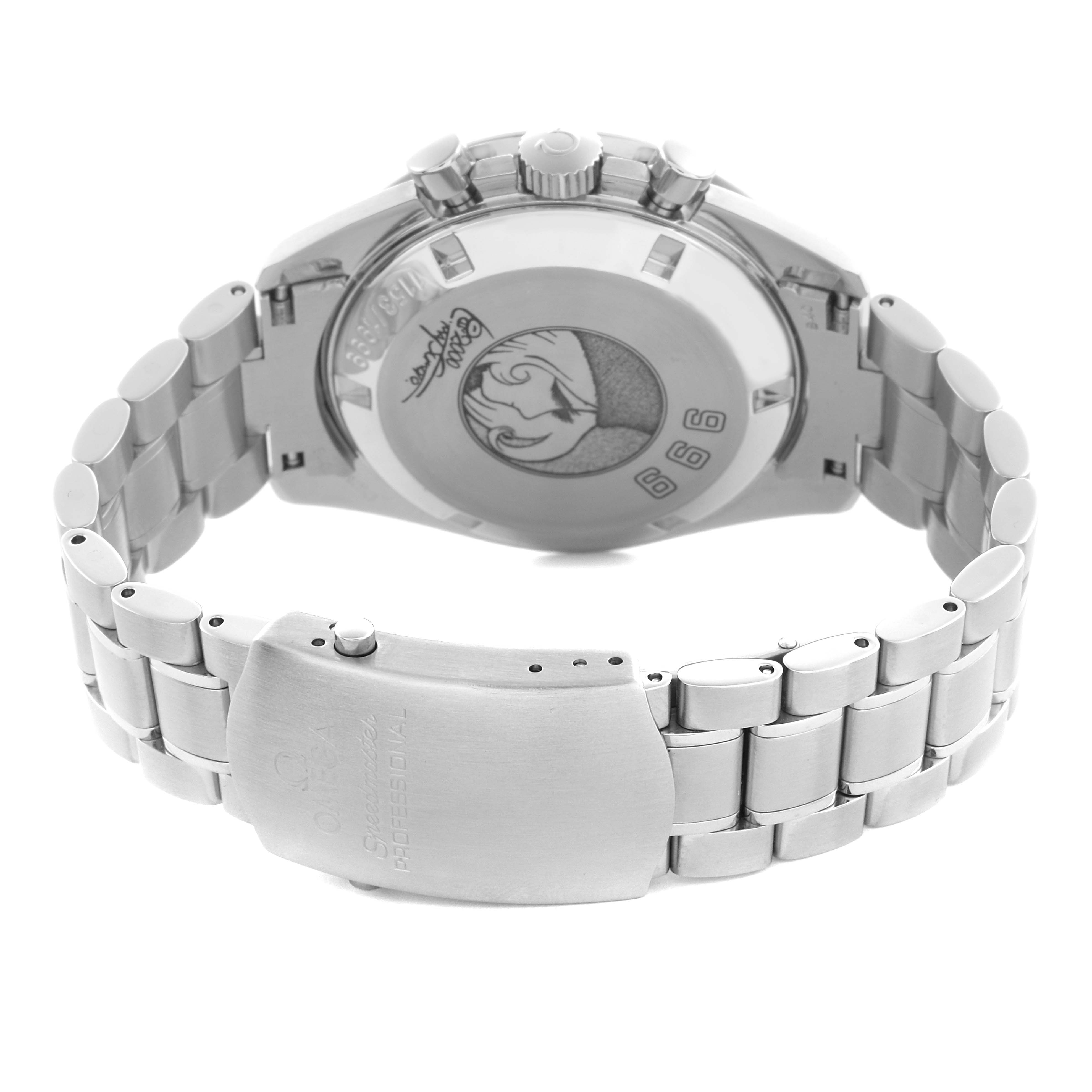 The image shows the back view of an Omega Speedmaster 3571.50.00 Men
s Stainless Steel Black Dial 3571.50.00 Men
s Stainless Steel Black Dial
s case and bracelet with its clasp visible.