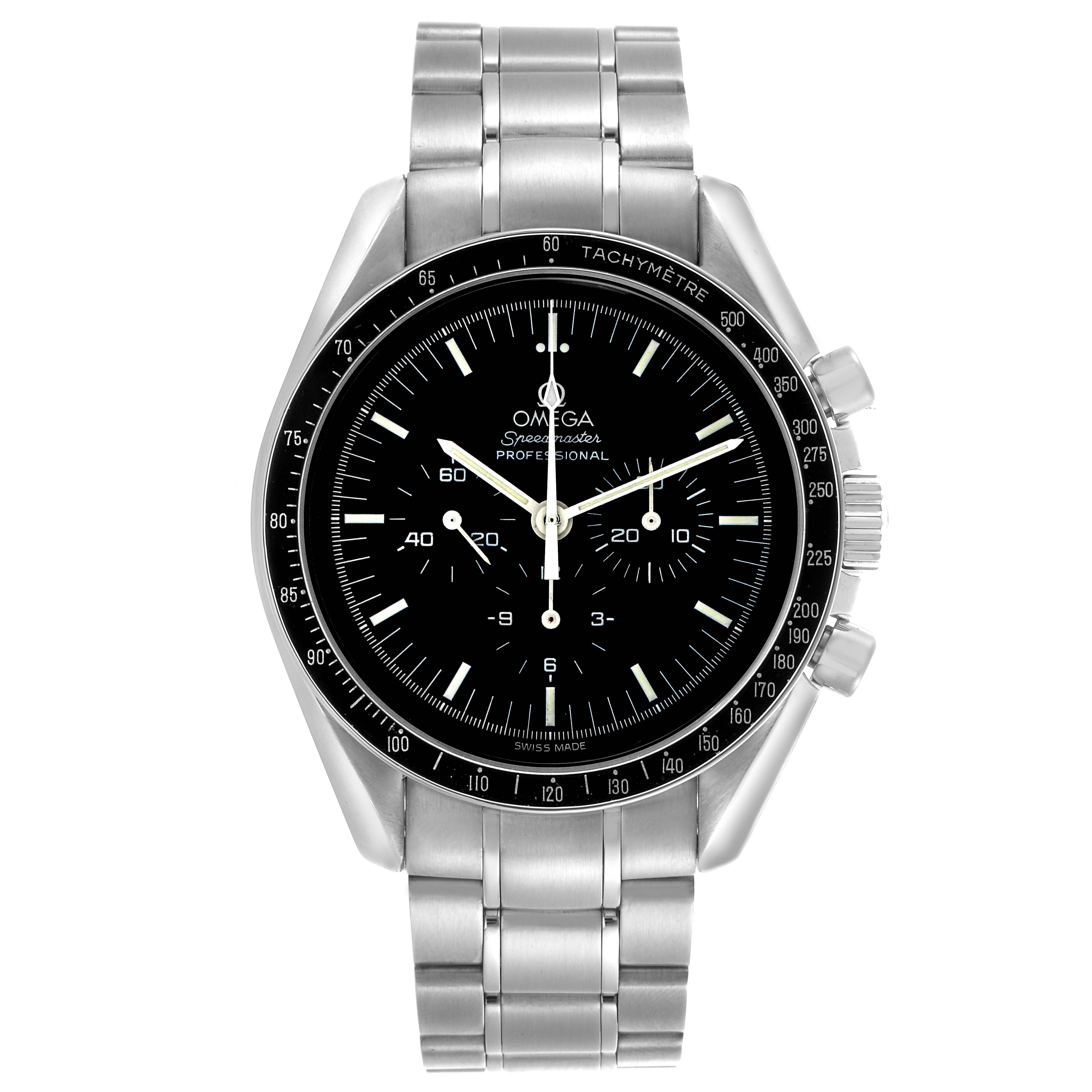 The Omega Speedmaster 3571.50.00 Men
s Stainless Steel Black Dial 3571.50.00 Men
s Stainless Steel Black Dial watch is shown from a front view, highlighting the dial, tachymeter bezel, and metal bracelet.