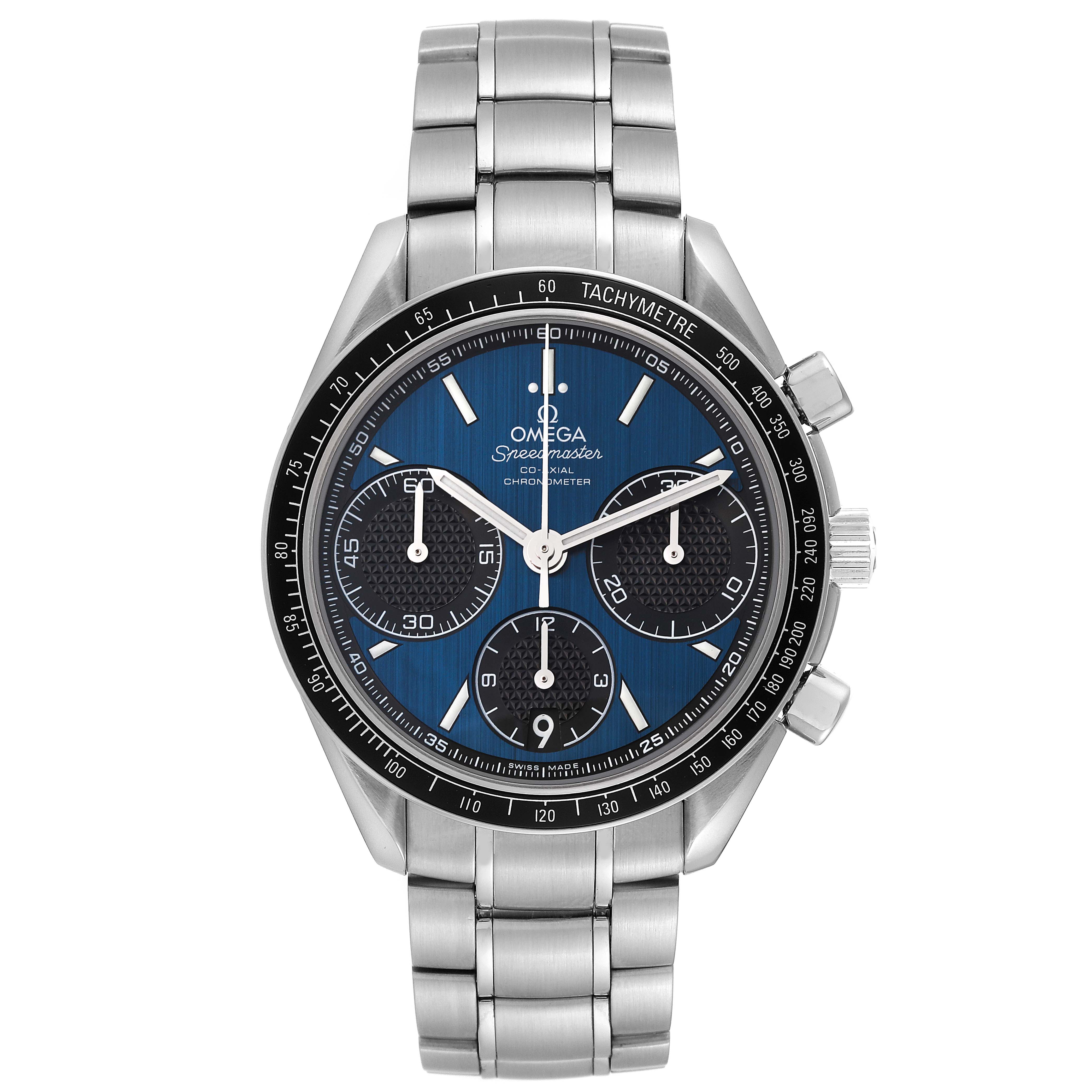 The image shows a front view of an Omega Speedmaster 326.30.40.50.03.001 Men's Stainless Steel Blue Dial 326.30.40.50.03.001 Men's Stainless Steel Blue Dial watch with a stainless steel bracelet and a blue dial.