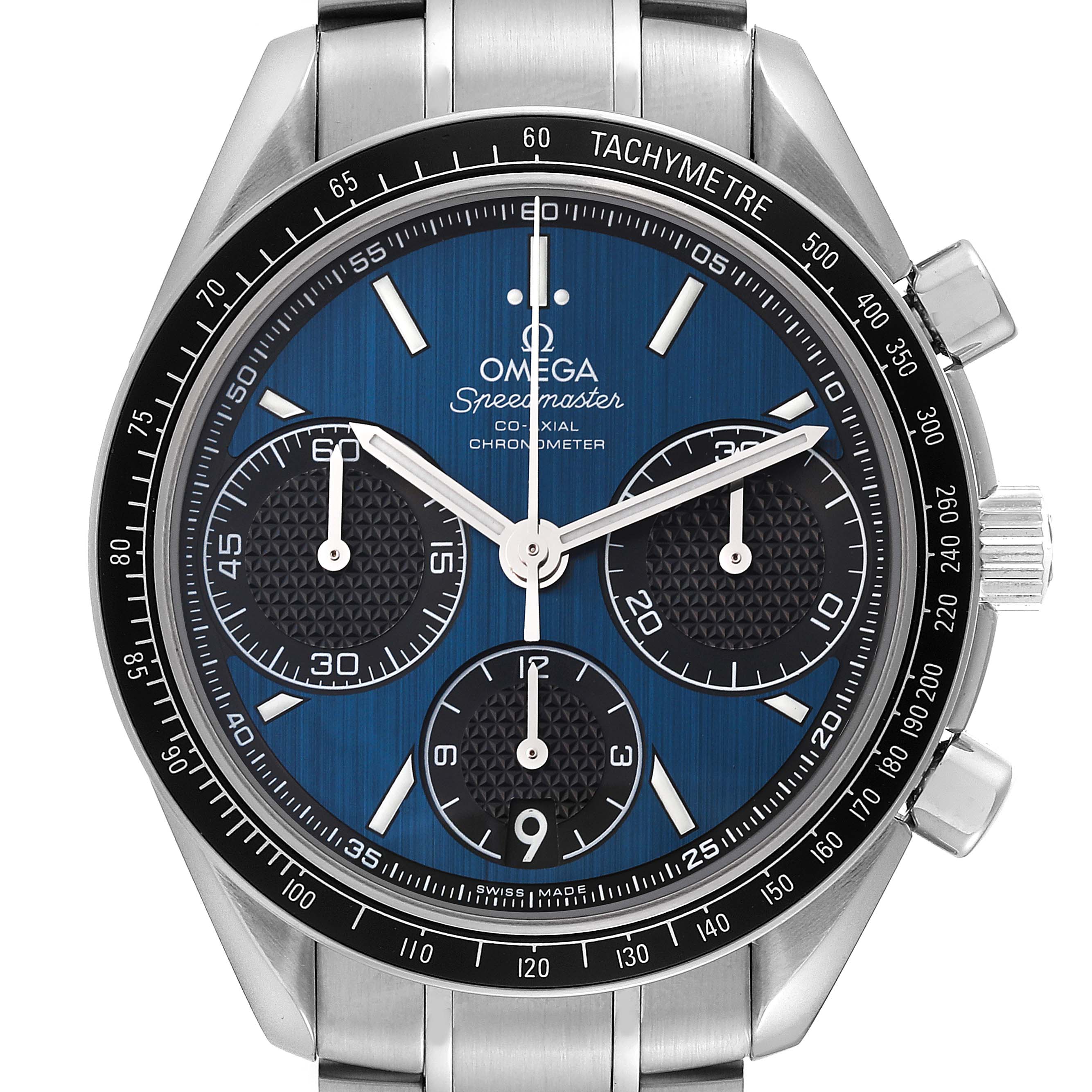 This is a close-up view of the face and bezel of the Omega Speedmaster 326.30.40.50.03.001 Men's Stainless Steel Blue Dial 326.30.40.50.03.001 Men's Stainless Steel Blue Dial watch, showing its subdials and tachymeter scale.