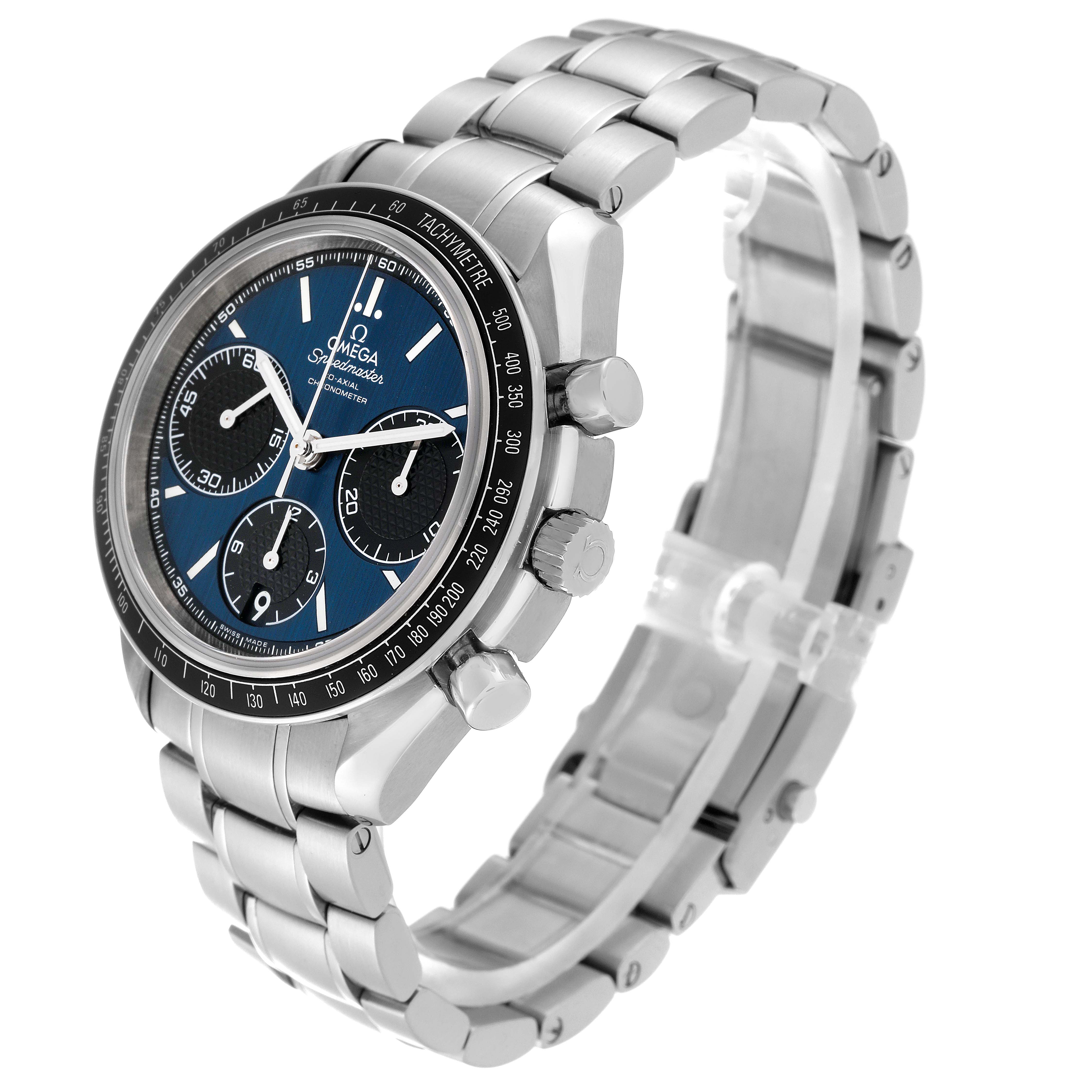 The Omega Speedmaster 326.30.40.50.03.001 Men's Stainless Steel Blue Dial 326.30.40.50.03.001 Men's Stainless Steel Blue Dial watch is shown at a three-quarter angle, displaying its face, bezel, and bracelet.