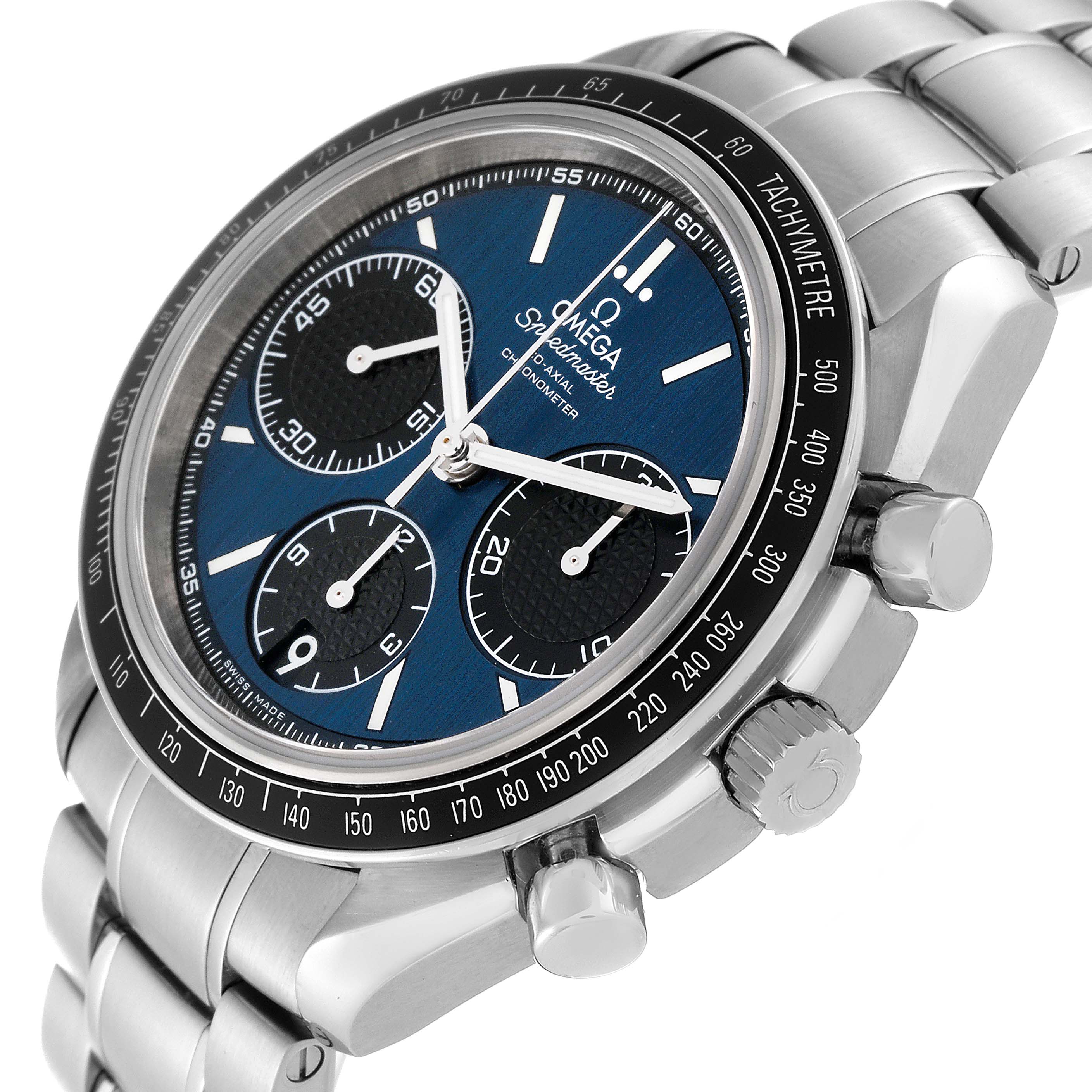 This image shows a close-up view of the Omega Speedmaster 326.30.40.50.03.001 Men's Stainless Steel Blue Dial 326.30.40.50.03.001 Men's Stainless Steel Blue Dial watch, focusing on the bezel, dial, sub-dials, and bracelet.